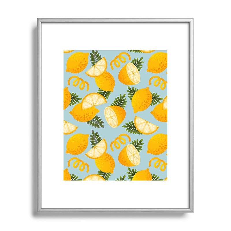 Jessica Molina Lemon Pattern on Sky Blue Metal Framed Art Print