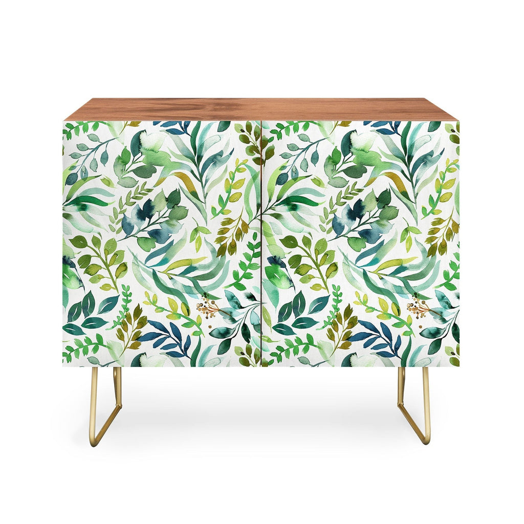 Ninola Design Botanic Retreat Loose Botanical Leaves Watercolor Green Credenza
