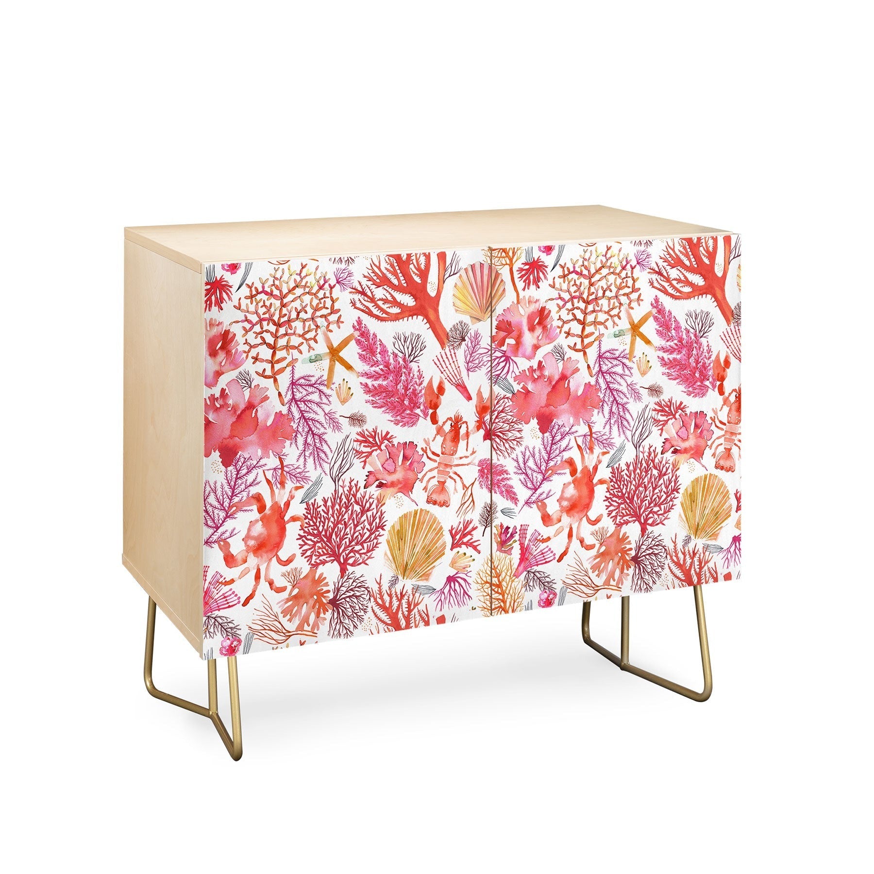 Ninola Design Botanic Retreat Coral Reef Crab Lobster Red Credenza