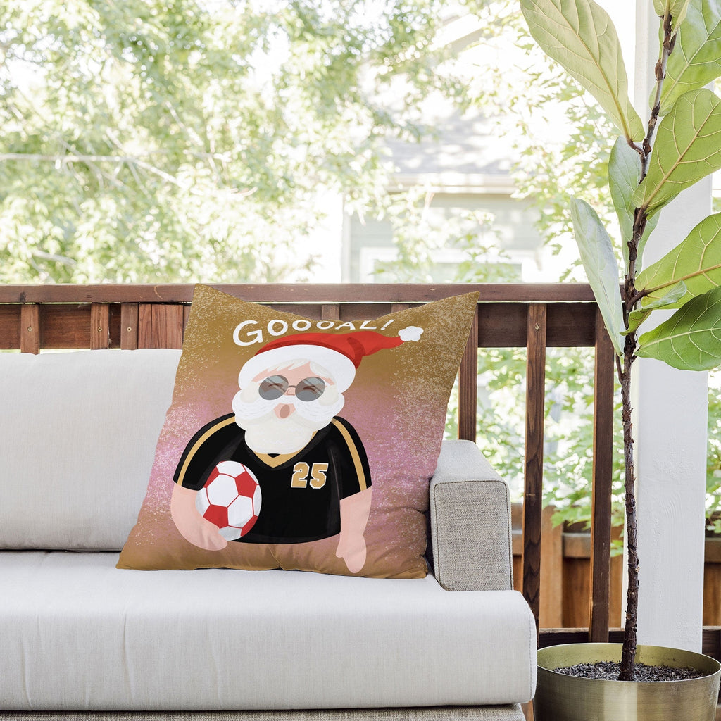 Design by Spark Sporty Soccer Santa Outdoor Throw Pillow
