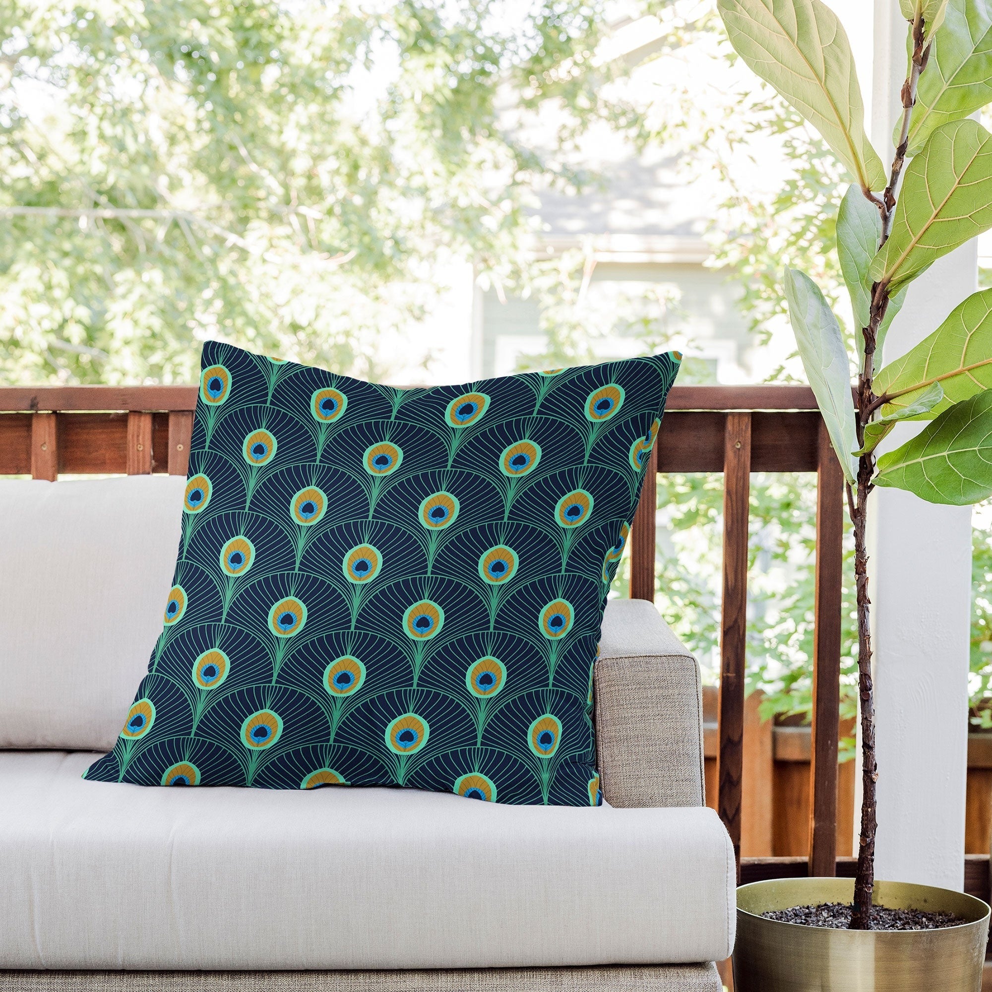 Design by Spark Peacock Deco Feathers Outdoor Throw Pillow