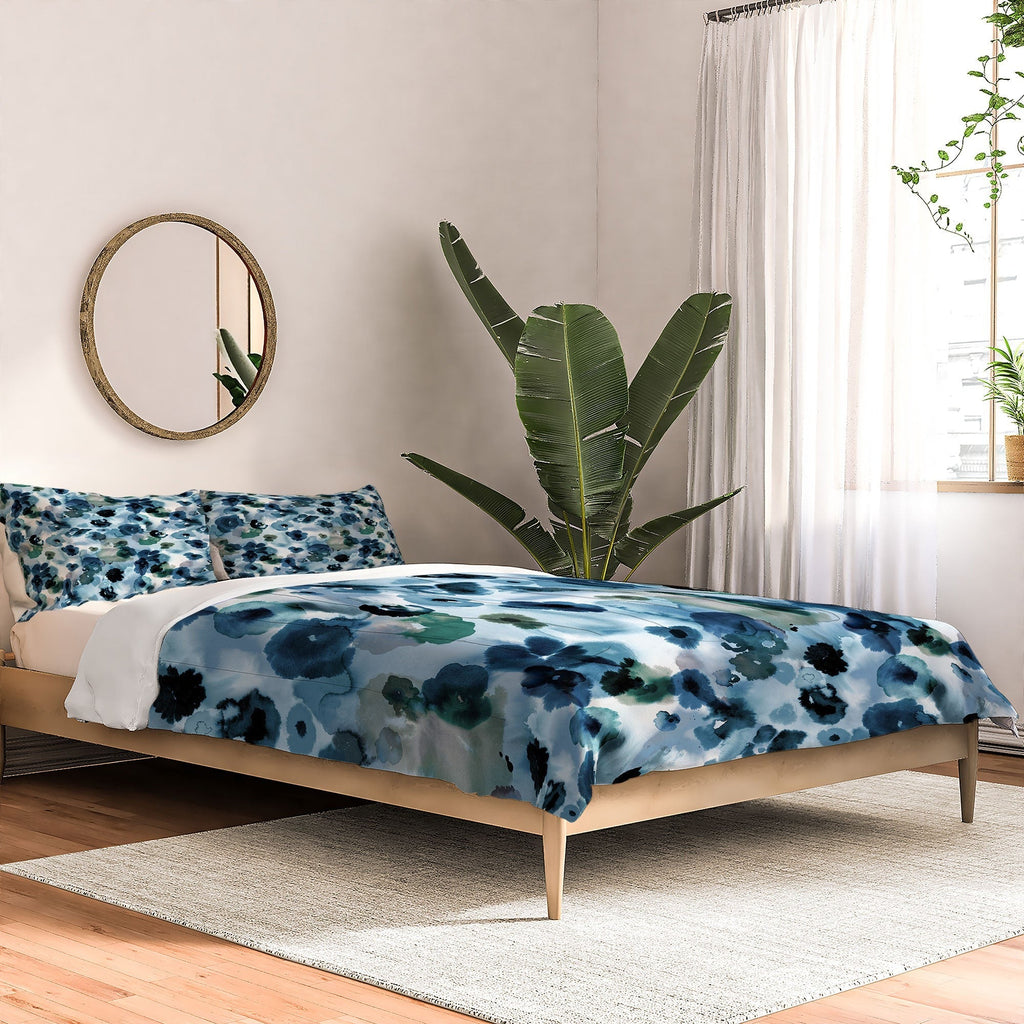 Ninola Design Botanic Retreat Ombre Abstract Watercolor Flowers Blue Navy Comforter