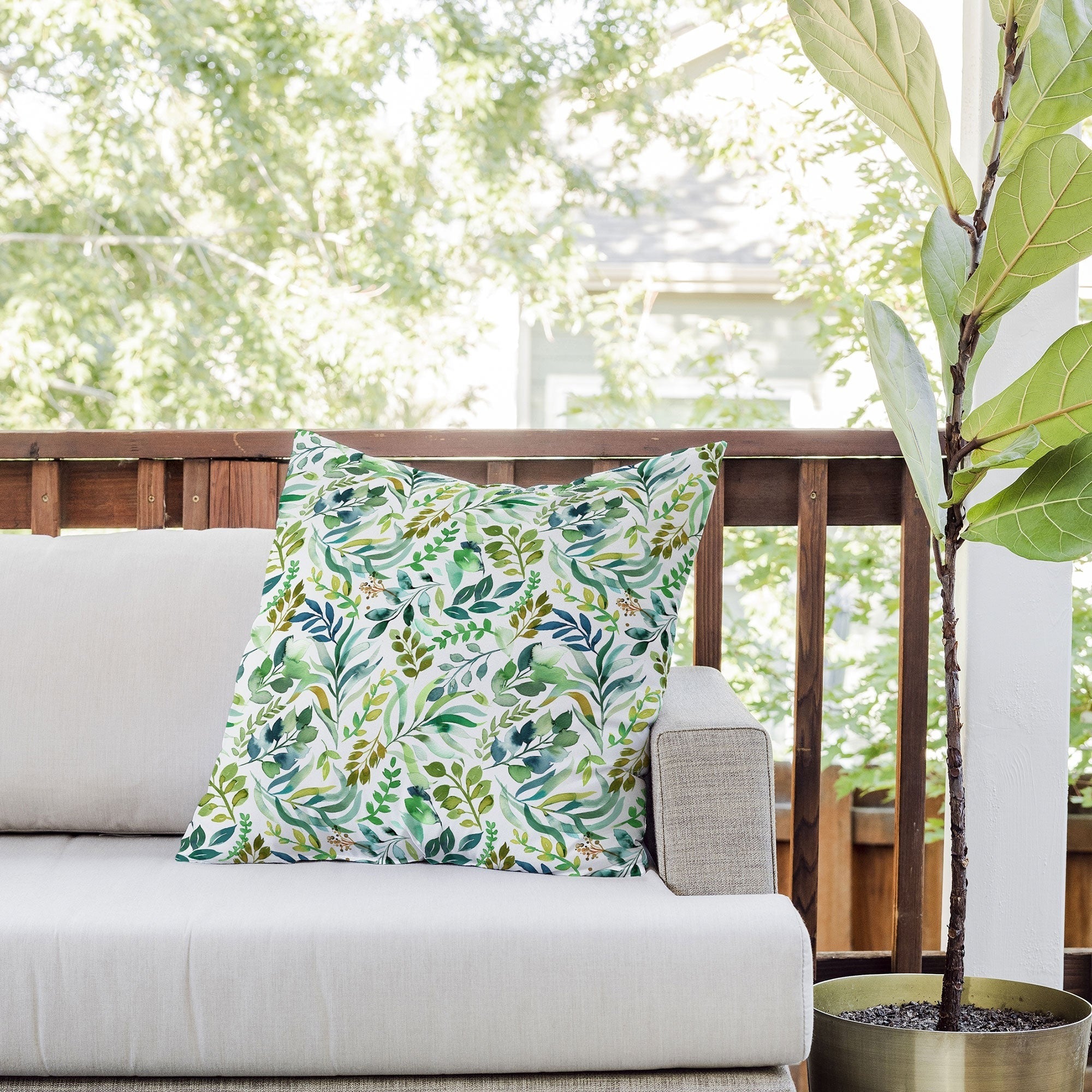Ninola Design Botanic Retreat Loose Botanical Leaves Watercolor Green Outdoor Throw Pillow