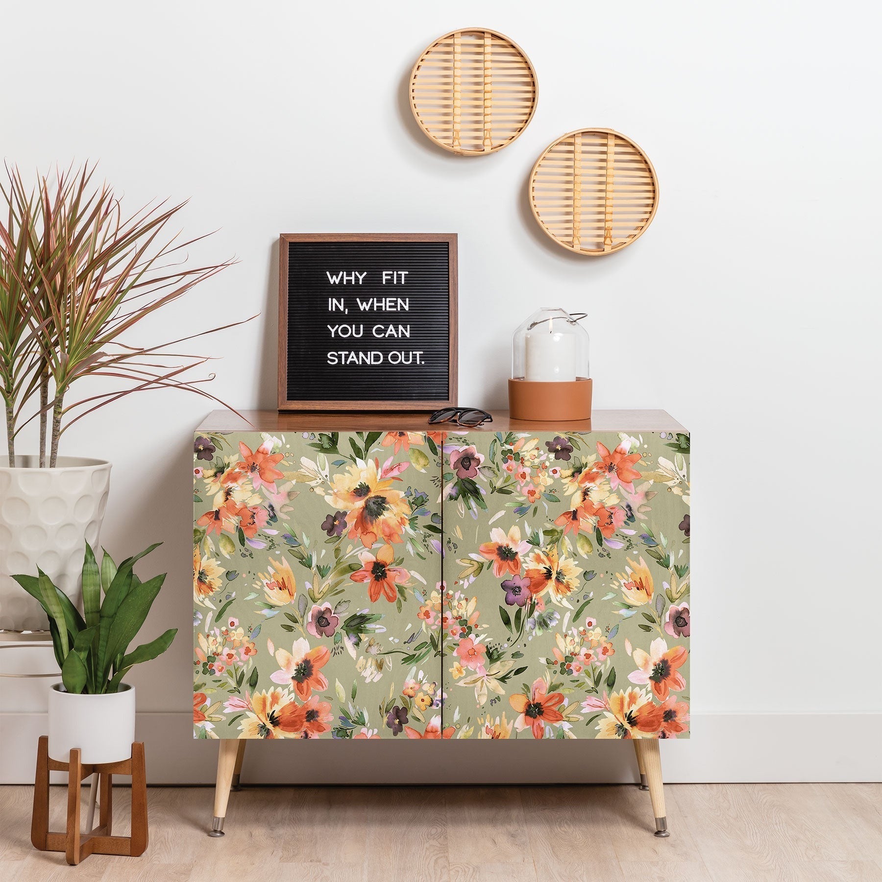 Ninola Design Botanic Retreat Painterly Tropical Flowers Sage Green Credenza