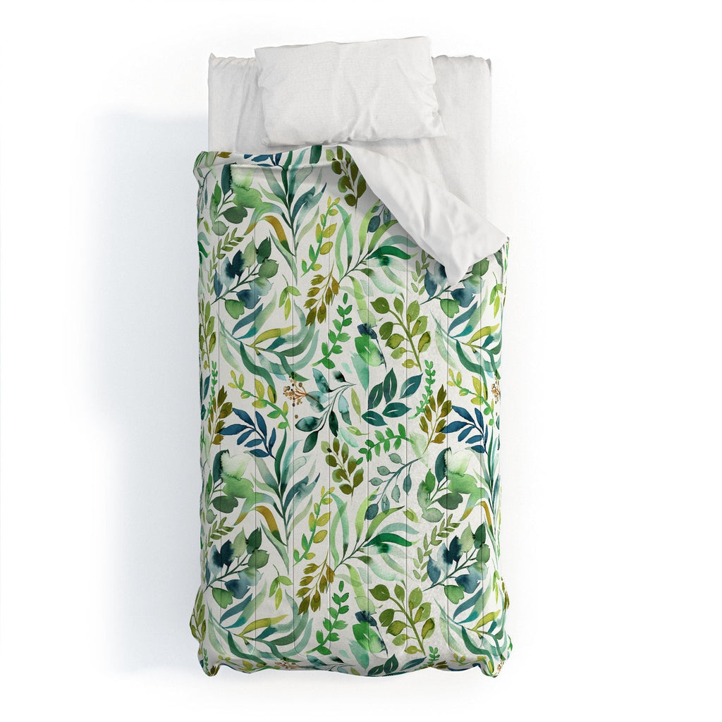 Ninola Design Botanic Retreat Loose Botanical Leaves Watercolor Green Comforter