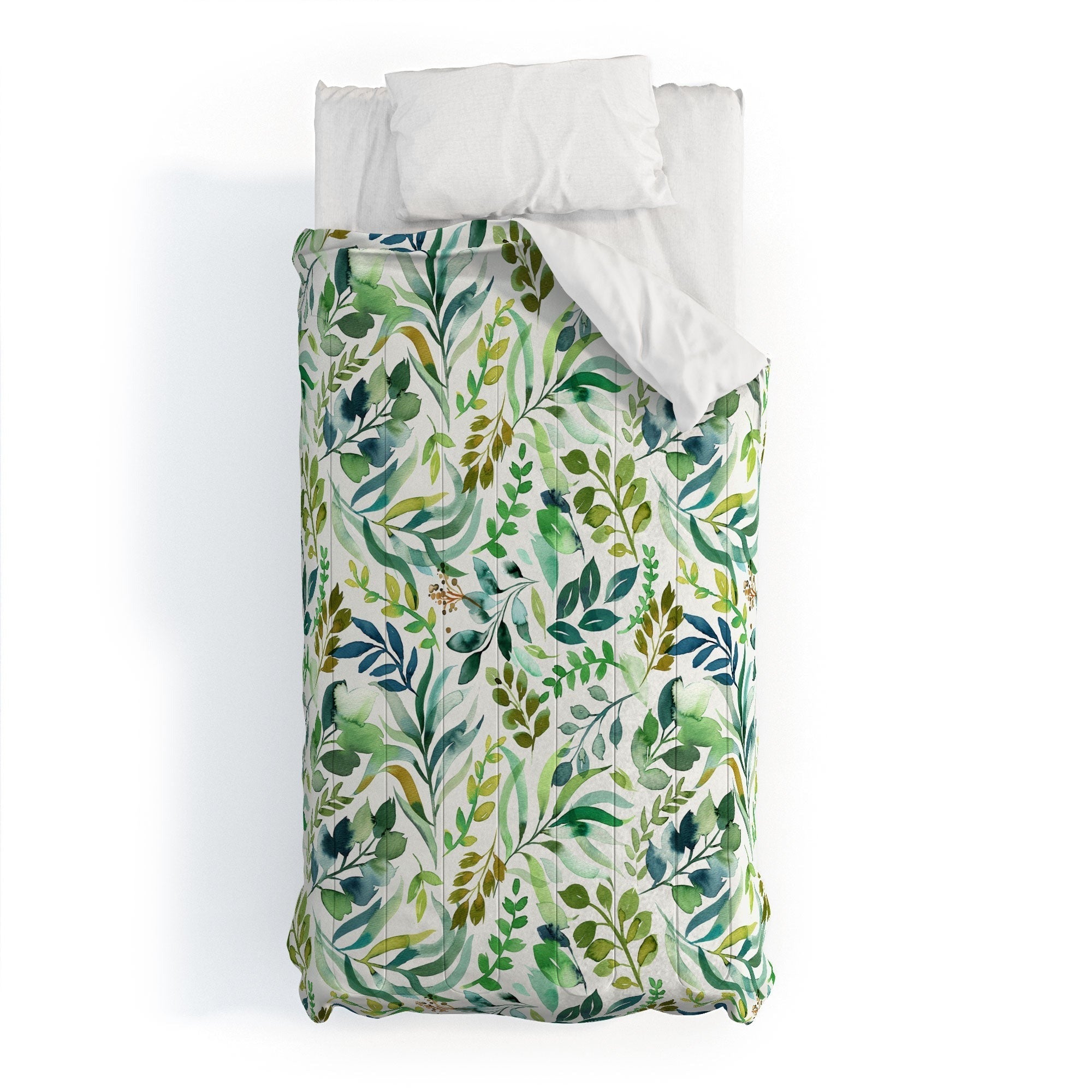 Ninola Design Botanic Retreat Loose Botanical Leaves Watercolor Green Comforter