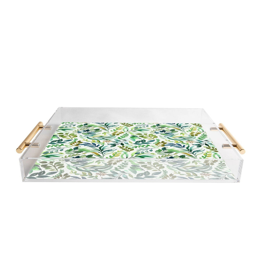 Ninola Design Botanic Retreat Loose Botanical Leaves Watercolor Green Acrylic Tray