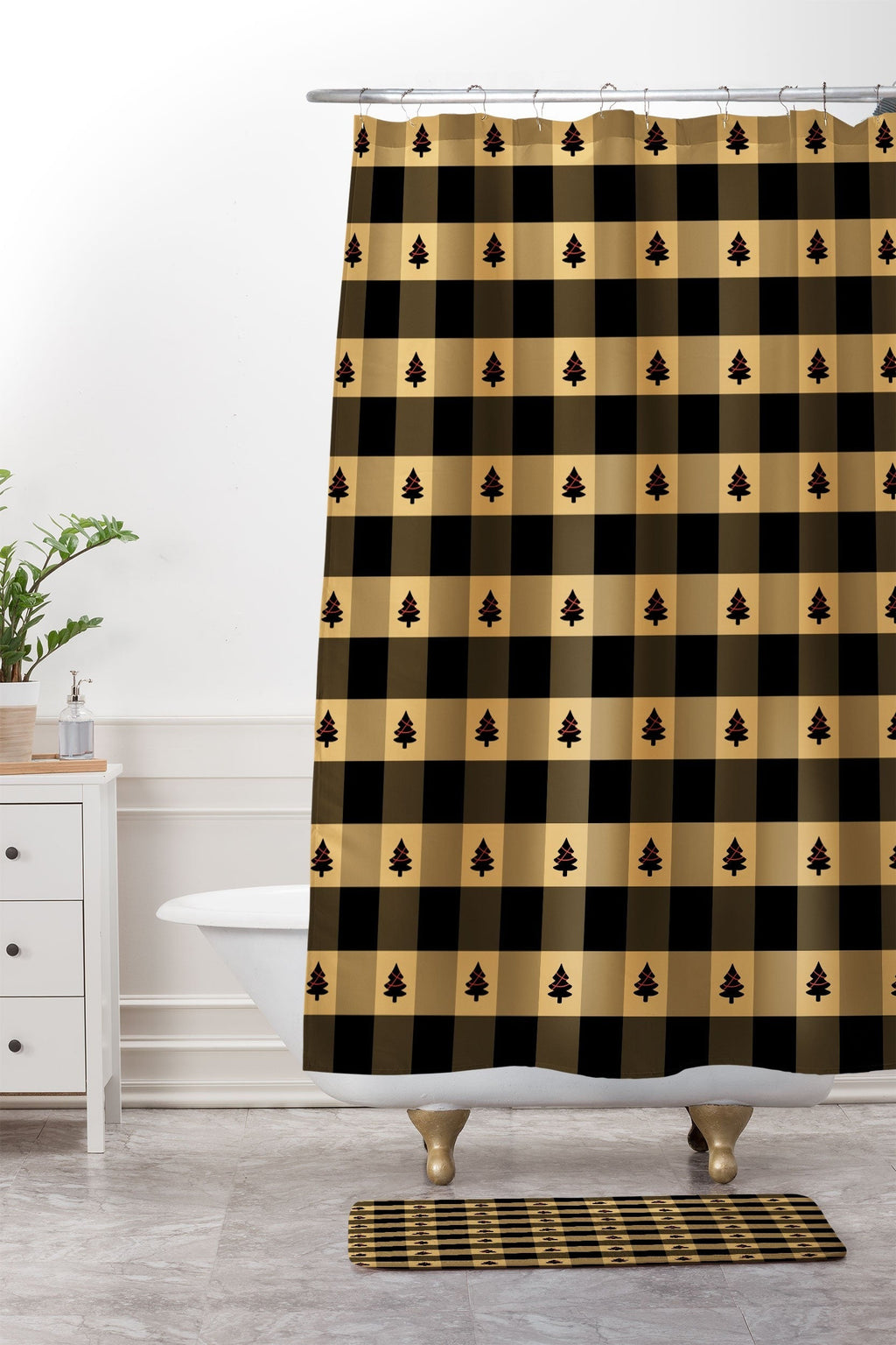 Design by Spark Black Gold Tree Tree Gingham Memory Foam Bath Mat