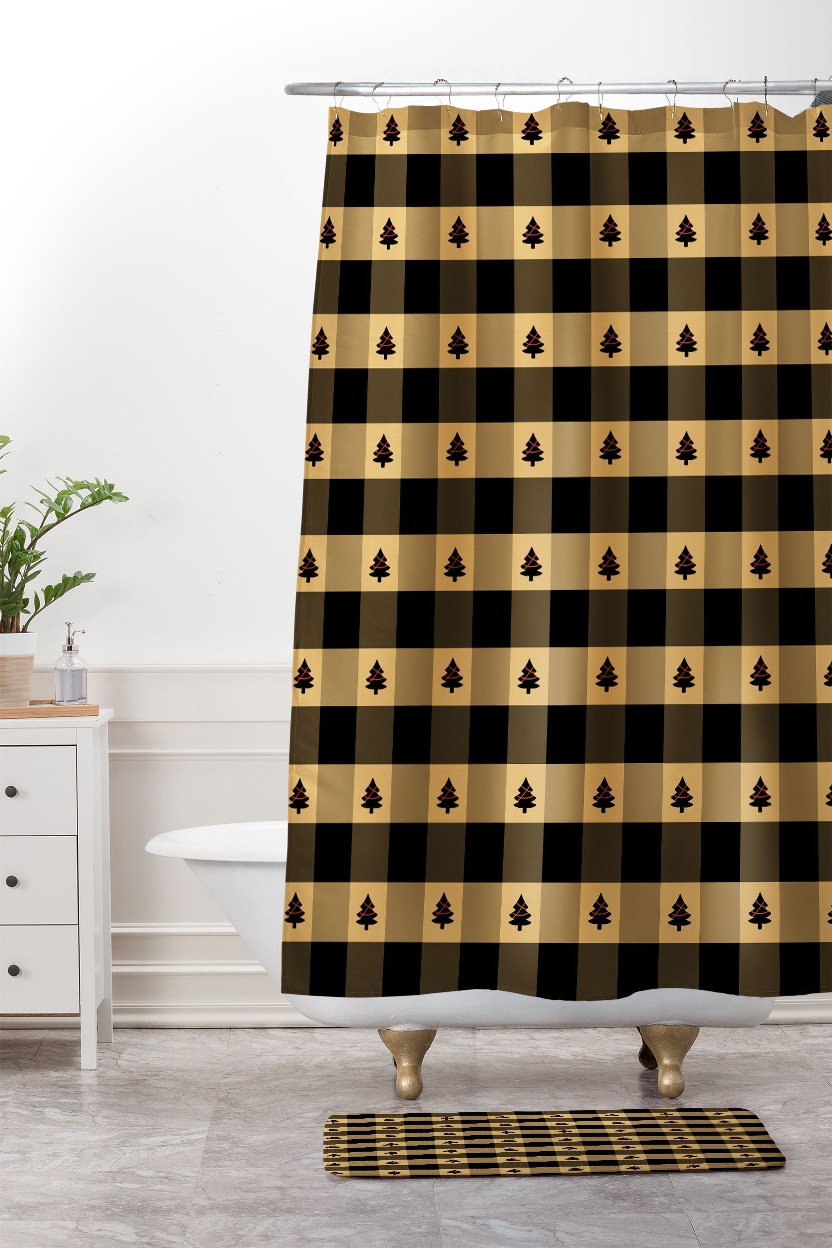 Design by Spark Black Gold Tree Tree Gingham Memory Foam Bath Mat