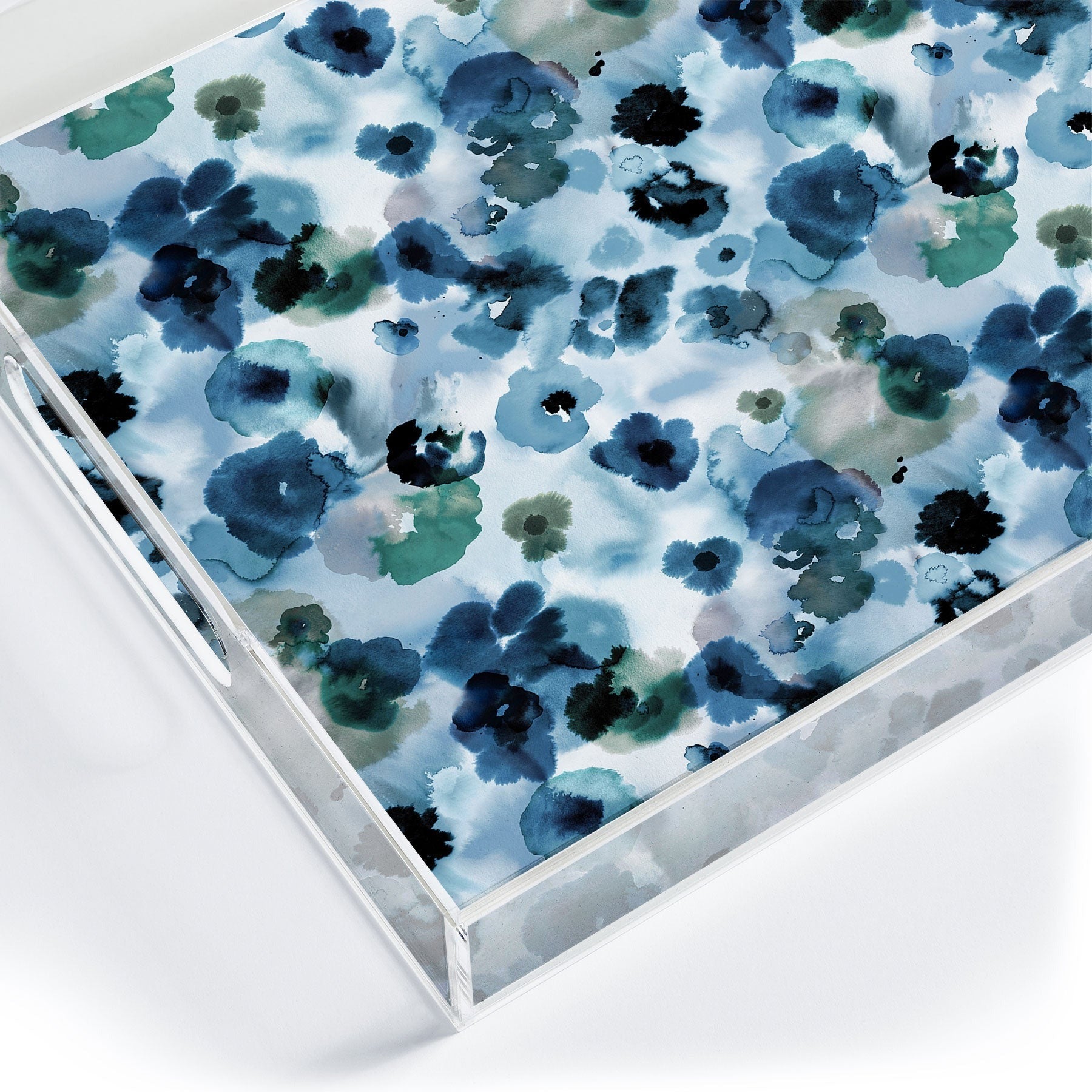 Ninola Design Botanic Retreat Ombre Abstract Watercolor Flowers Blue Navy Acrylic Tray