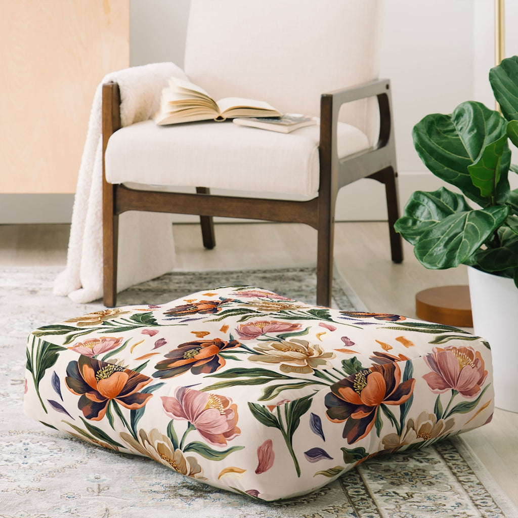 Marta Barragan Camarasa Hand Painted Peony Florals Floor Pillow Square