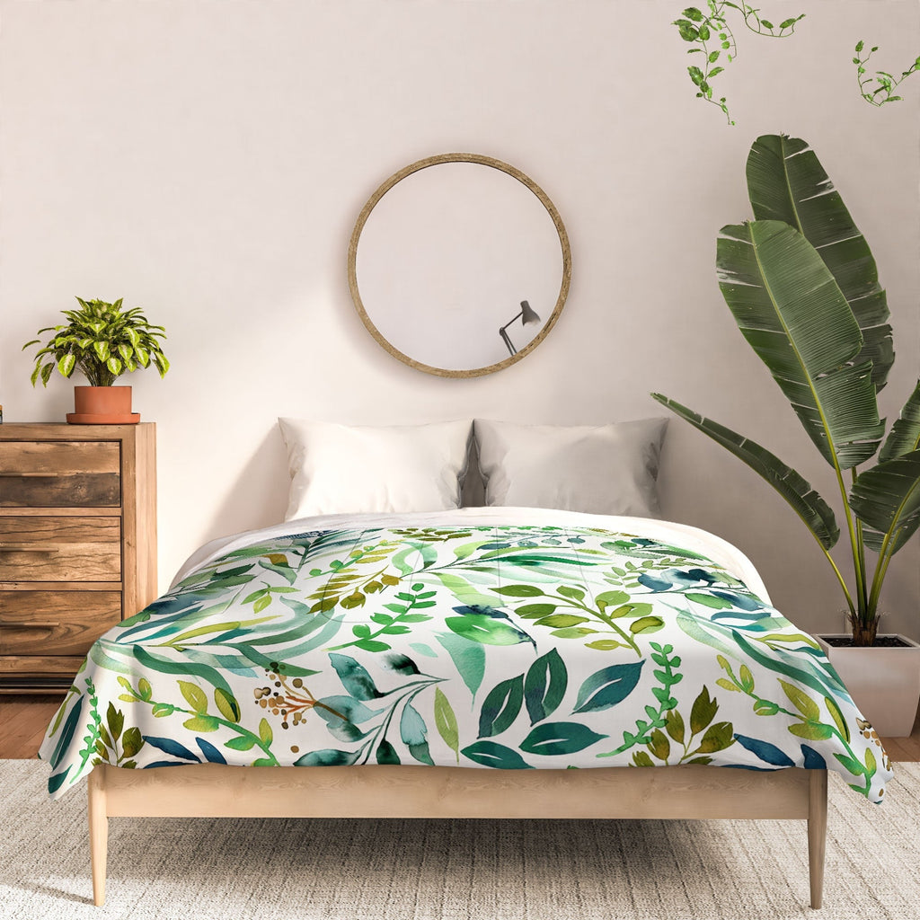 Ninola Design Botanic Retreat Loose Botanical Leaves Watercolor Green Comforter