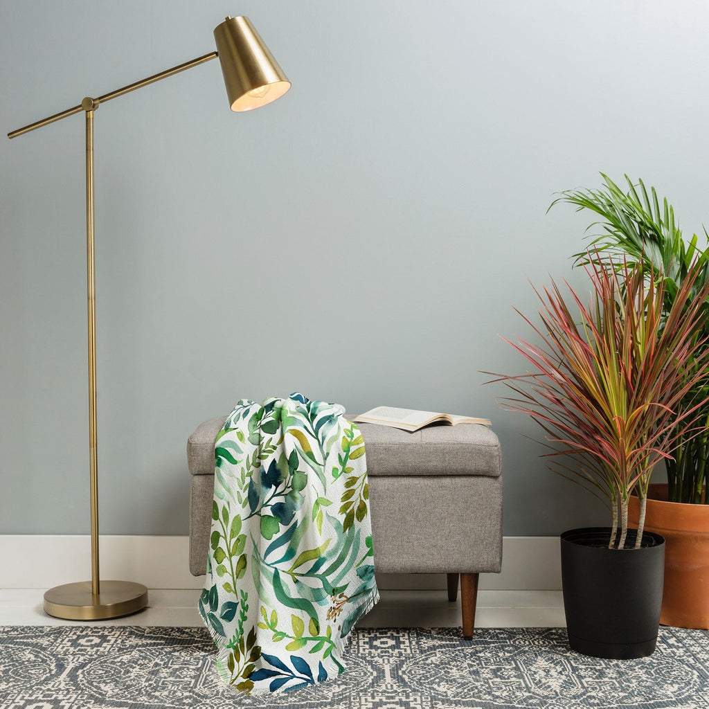 Ninola Design Botanic Retreat Loose Botanical Leaves Watercolor Green Throw Blanket