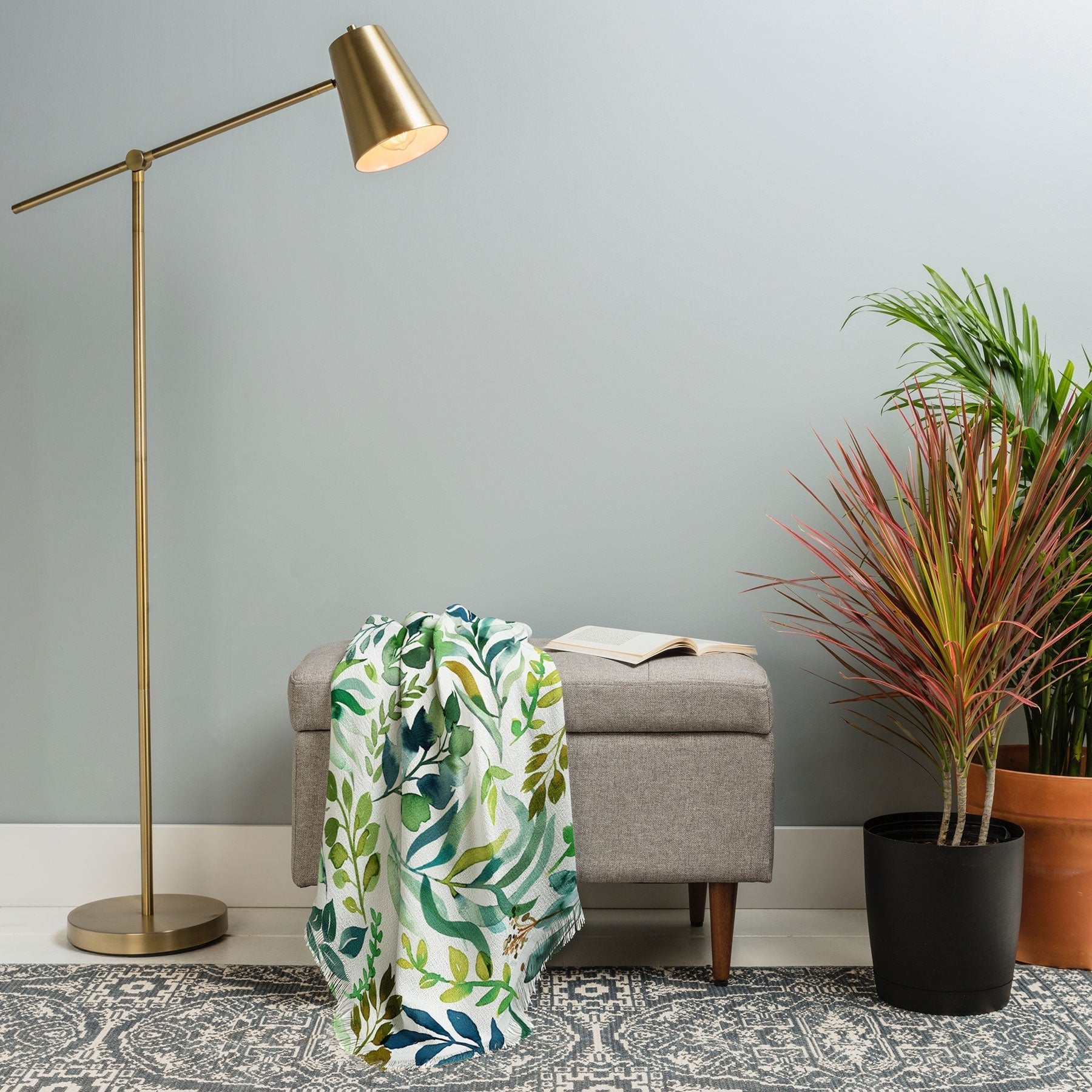 Ninola Design Botanic Retreat Loose Botanical Leaves Watercolor Green Throw Blanket