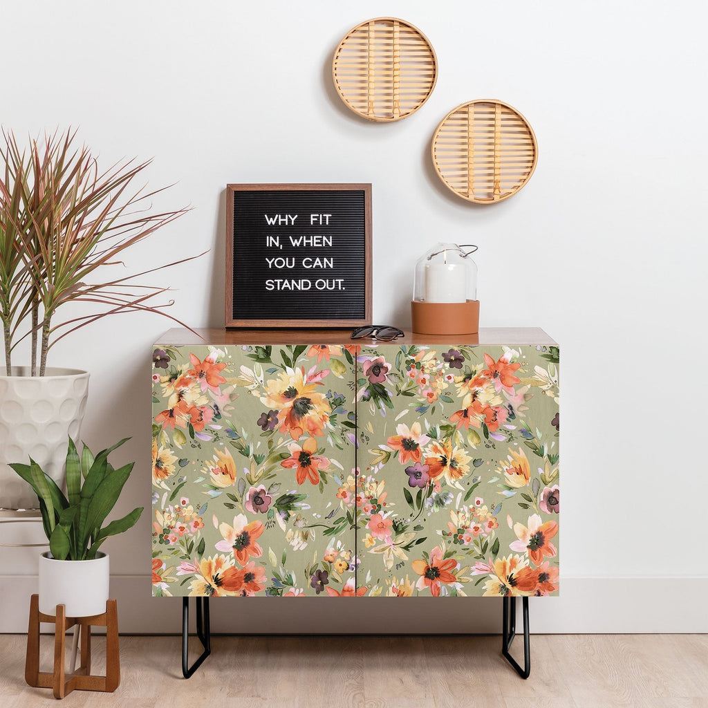 Ninola Design Botanic Retreat Painterly Tropical Flowers Sage Green Credenza