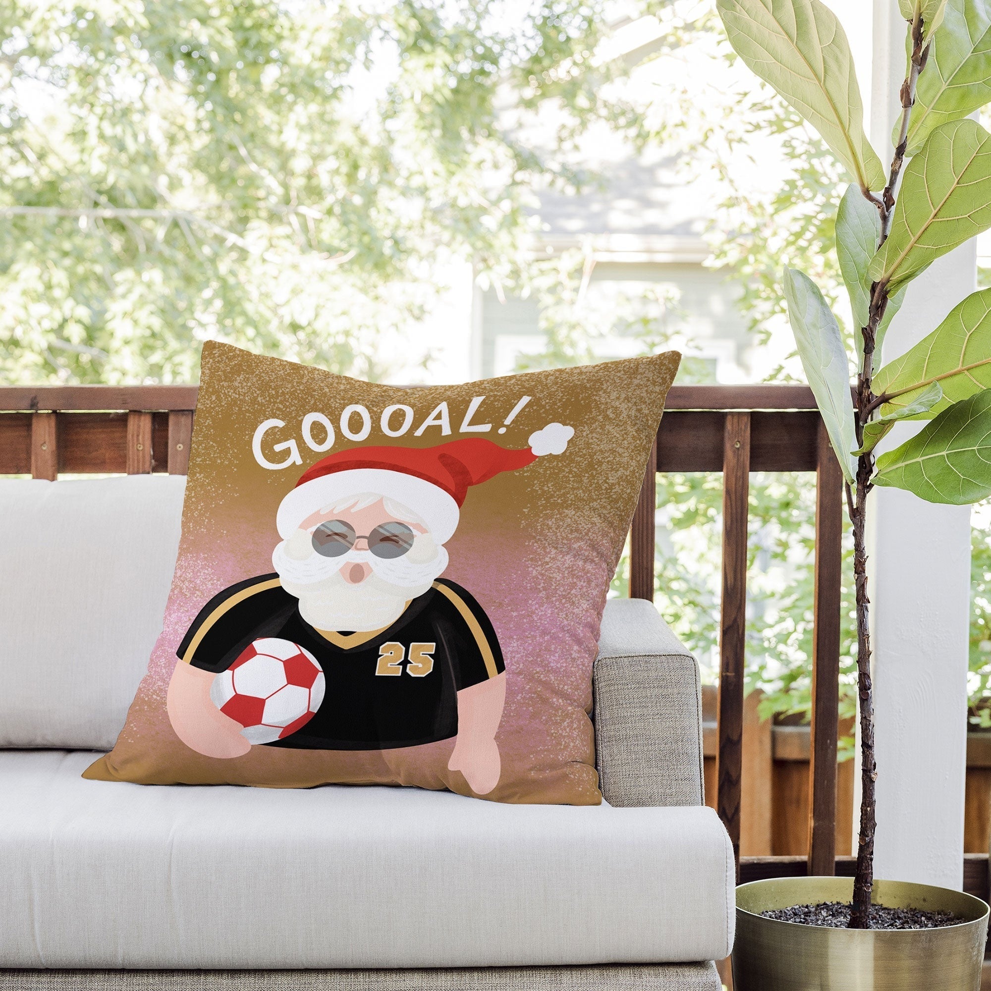 Design by Spark Sporty Soccer Santa Outdoor Throw Pillow