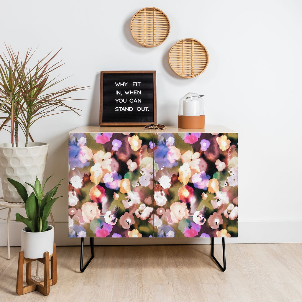 Ninola Design Botanic Retreat Ombre Abstract Watercolor Flowers Pink gold Credenza