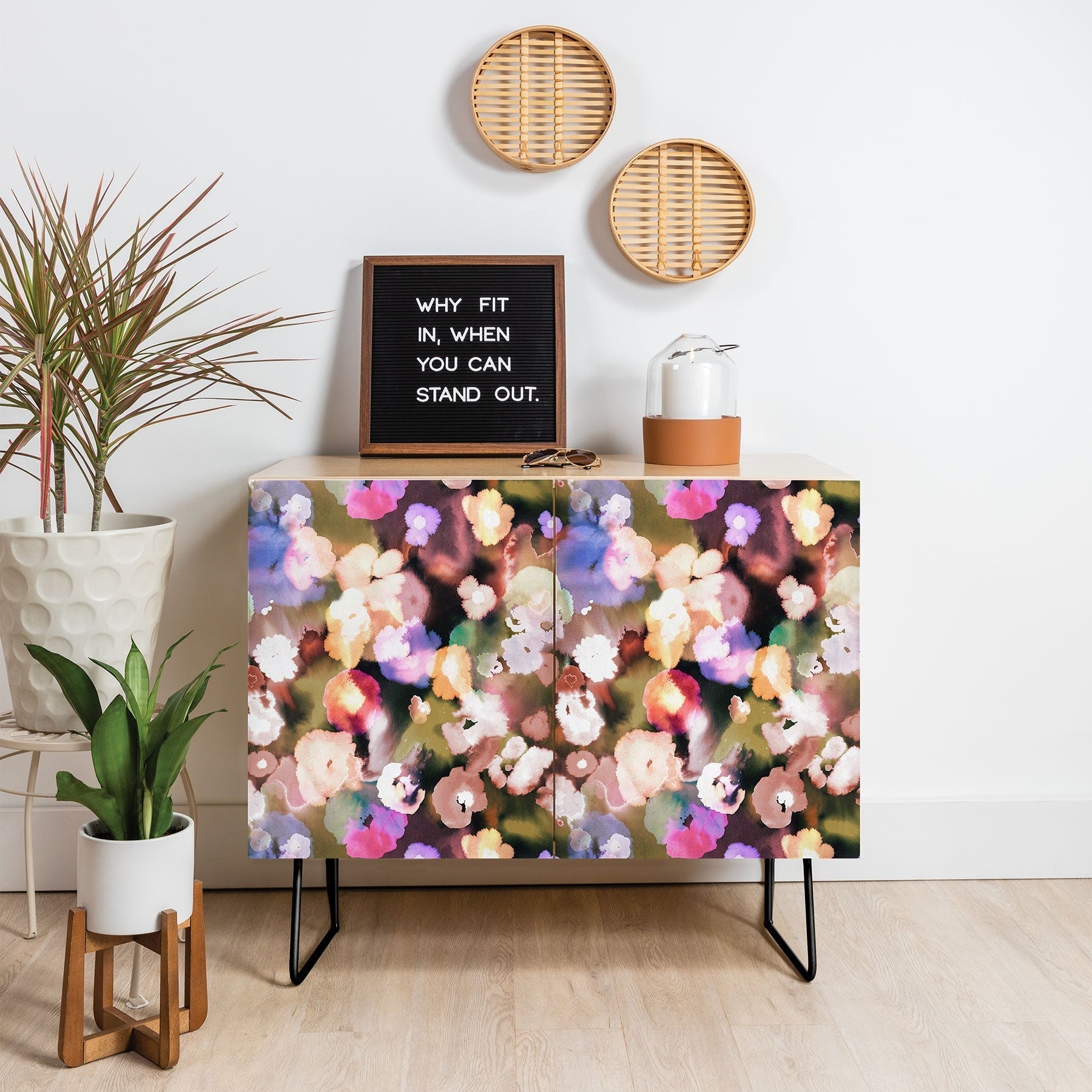Ninola Design Botanic Retreat Ombre Abstract Watercolor Flowers Pink gold Credenza