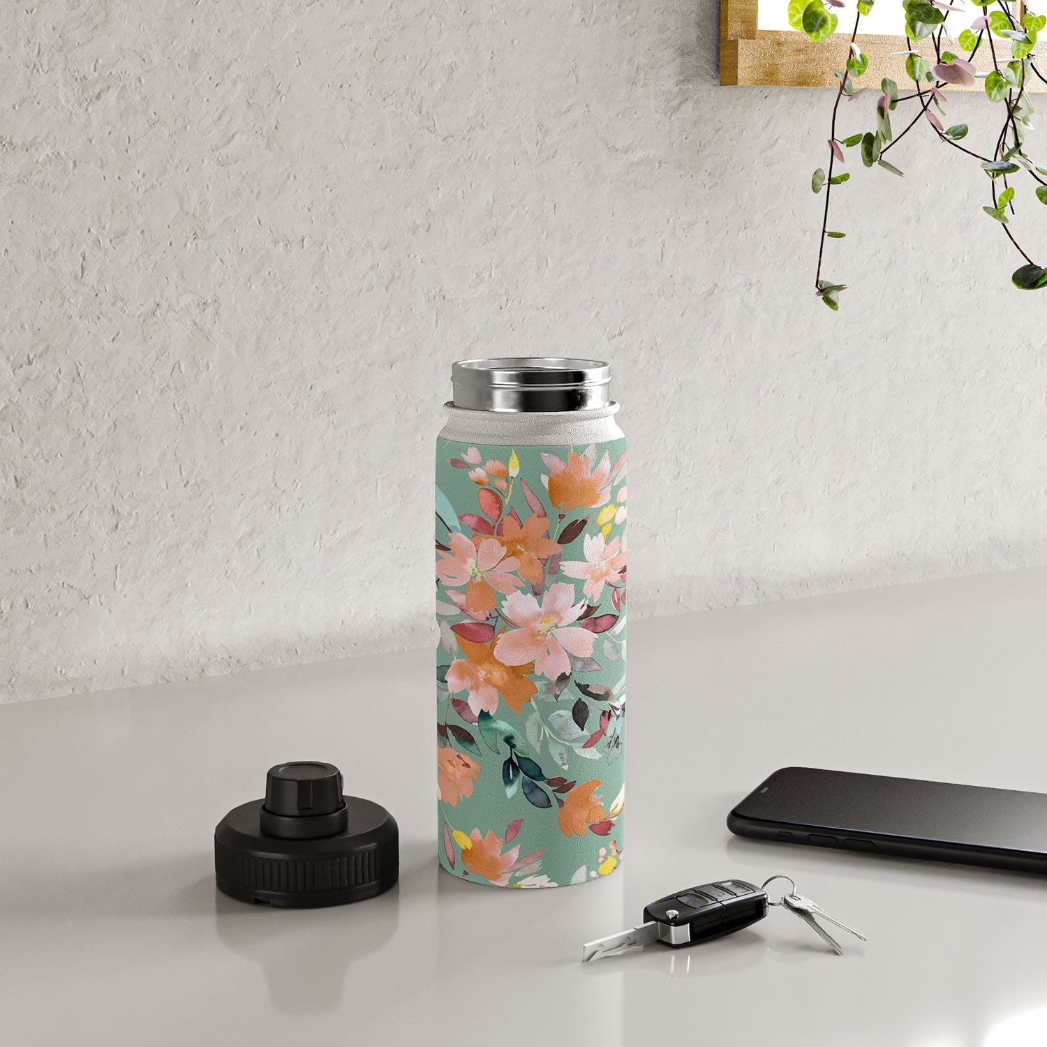 Ninola Design Botanic Retreat Floral Oleander Whimsical Teal Green Water Bottle