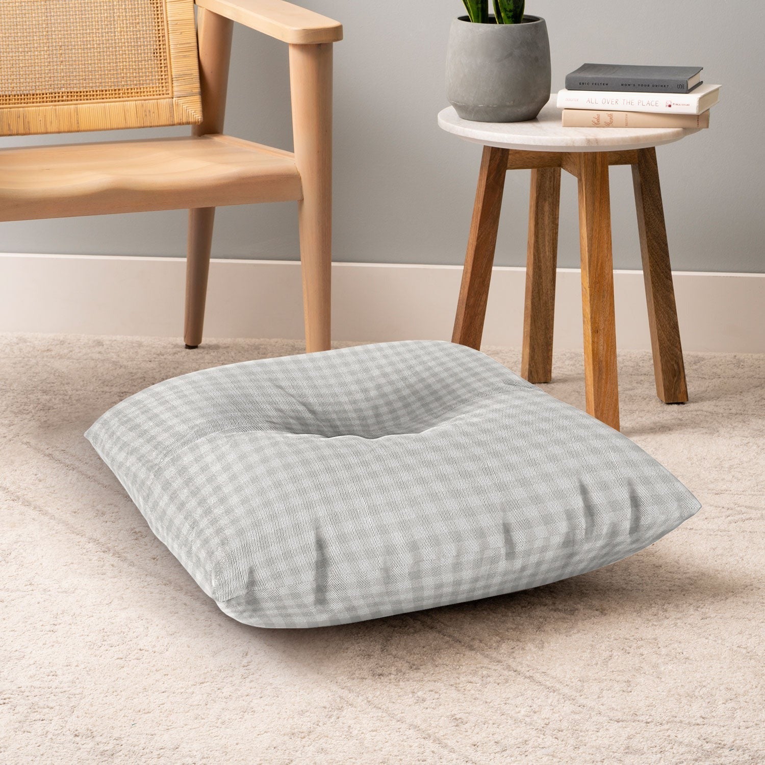 Colour Poems Gingham Plaid Pattern Cloud White Floor Pillow Square