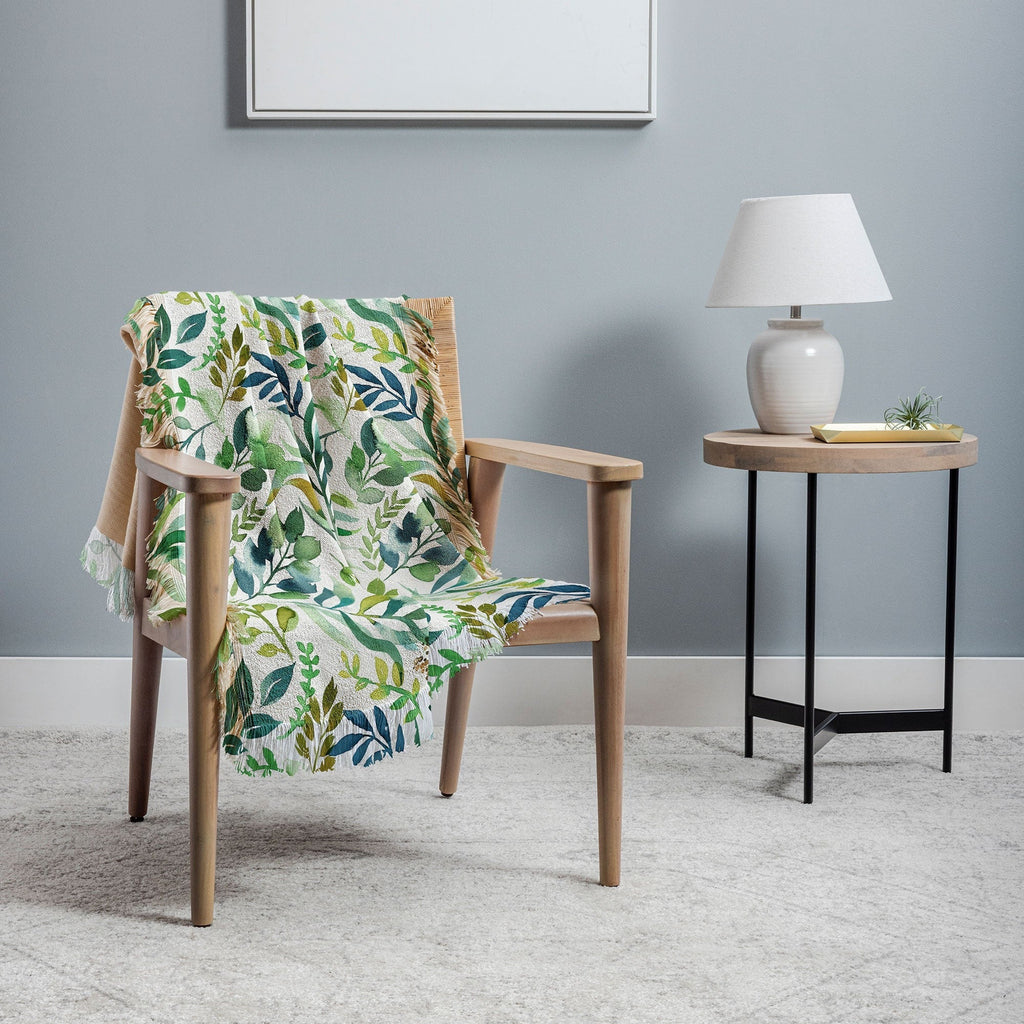 Ninola Design Botanic Retreat Loose Botanical Leaves Watercolor Green Throw Blanket
