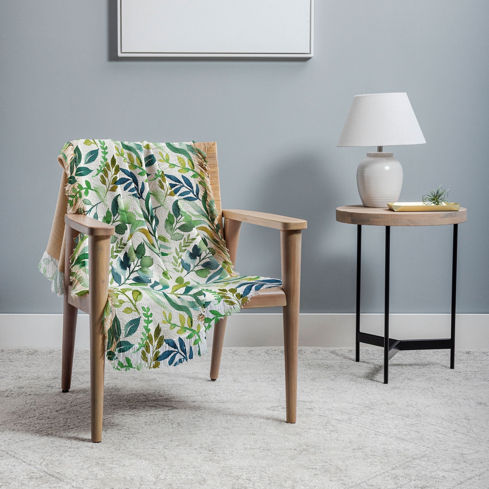 Ninola Design Botanic Retreat Loose Botanical Leaves Watercolor Green Throw Blanket