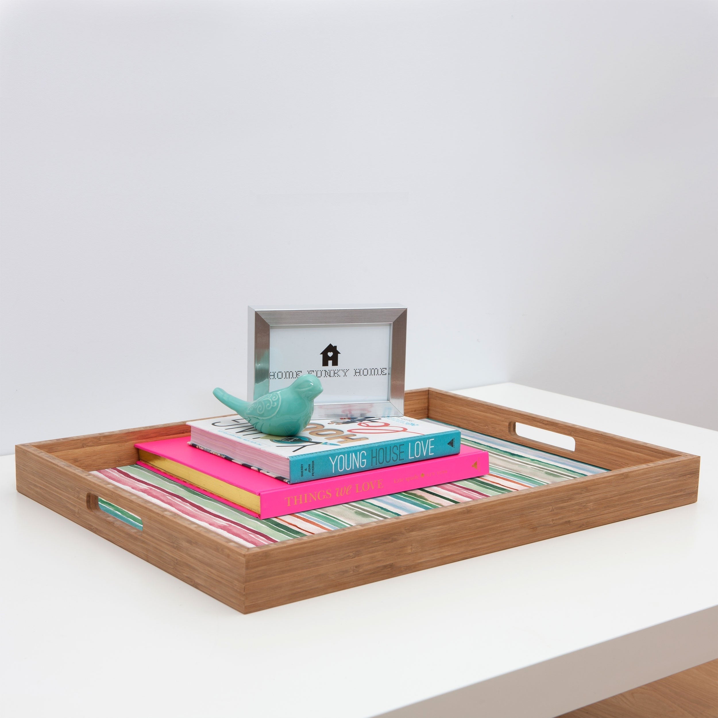 Ninola Design Botanic Retreat Watercolor Stripes Green Orange Red Rectangular Tray
