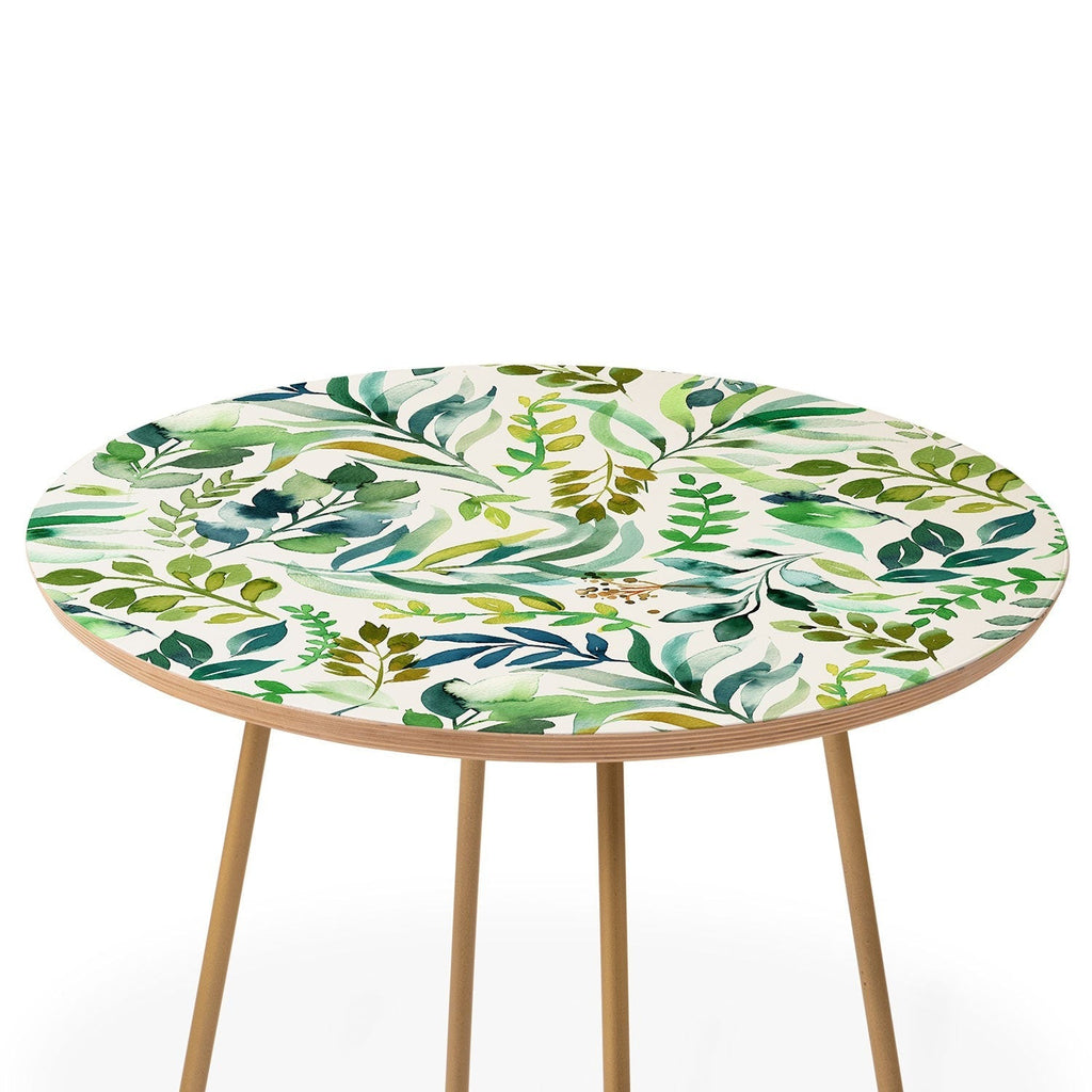 Ninola Design Botanic Retreat Loose Botanical Leaves Watercolor Green Round Side Table
