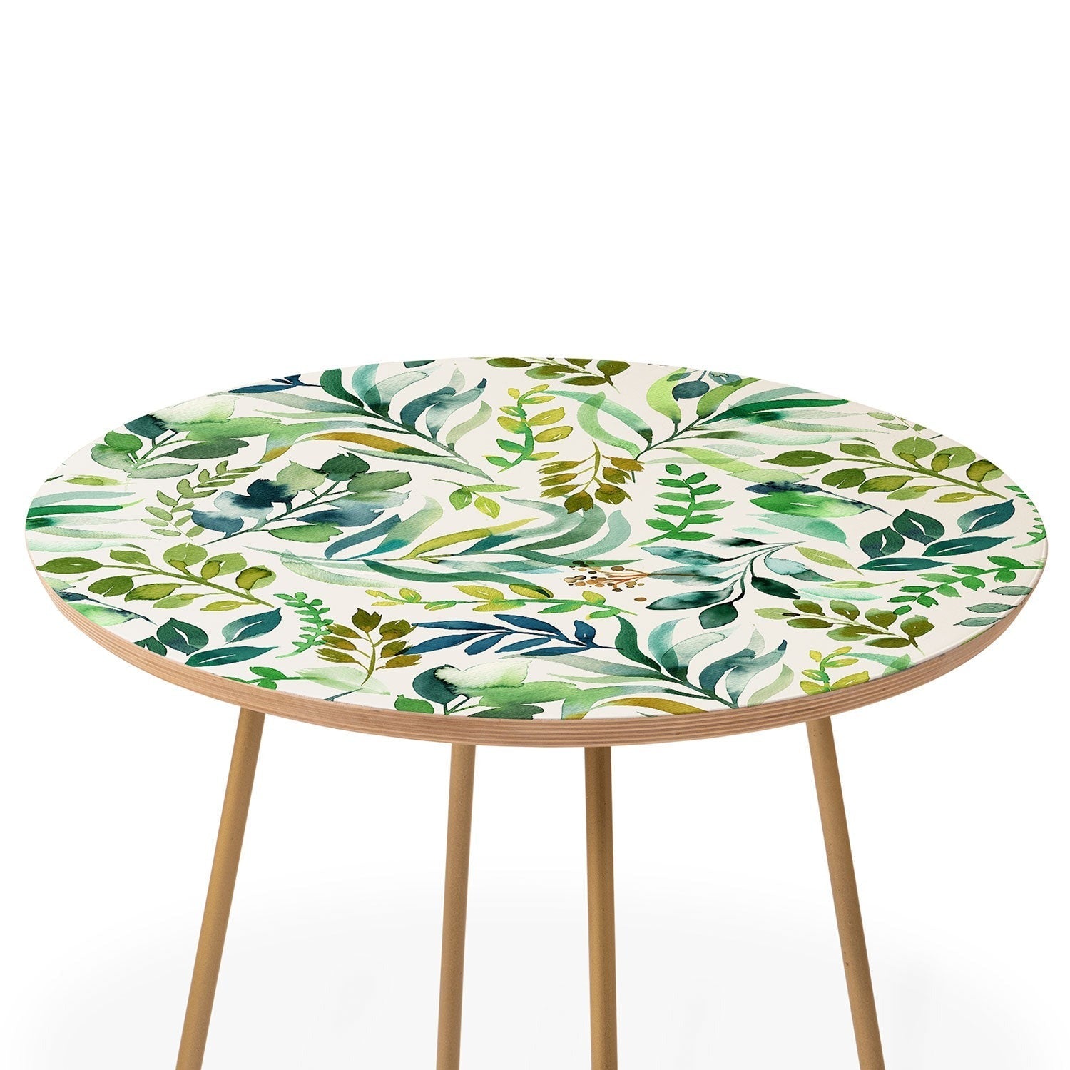 Ninola Design Botanic Retreat Loose Botanical Leaves Watercolor Green Round Side Table