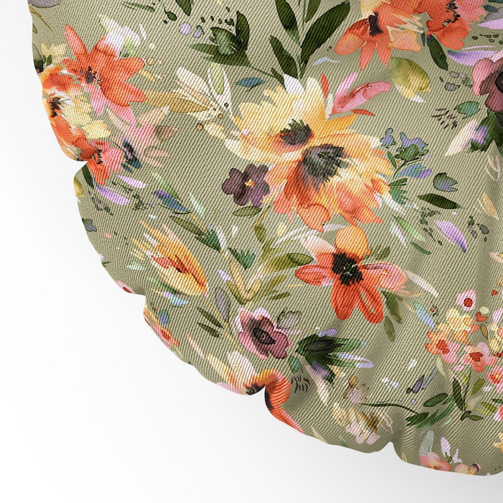 Ninola Design Botanic Retreat Painterly Tropical Flowers Sage Green Floor Pillow Round