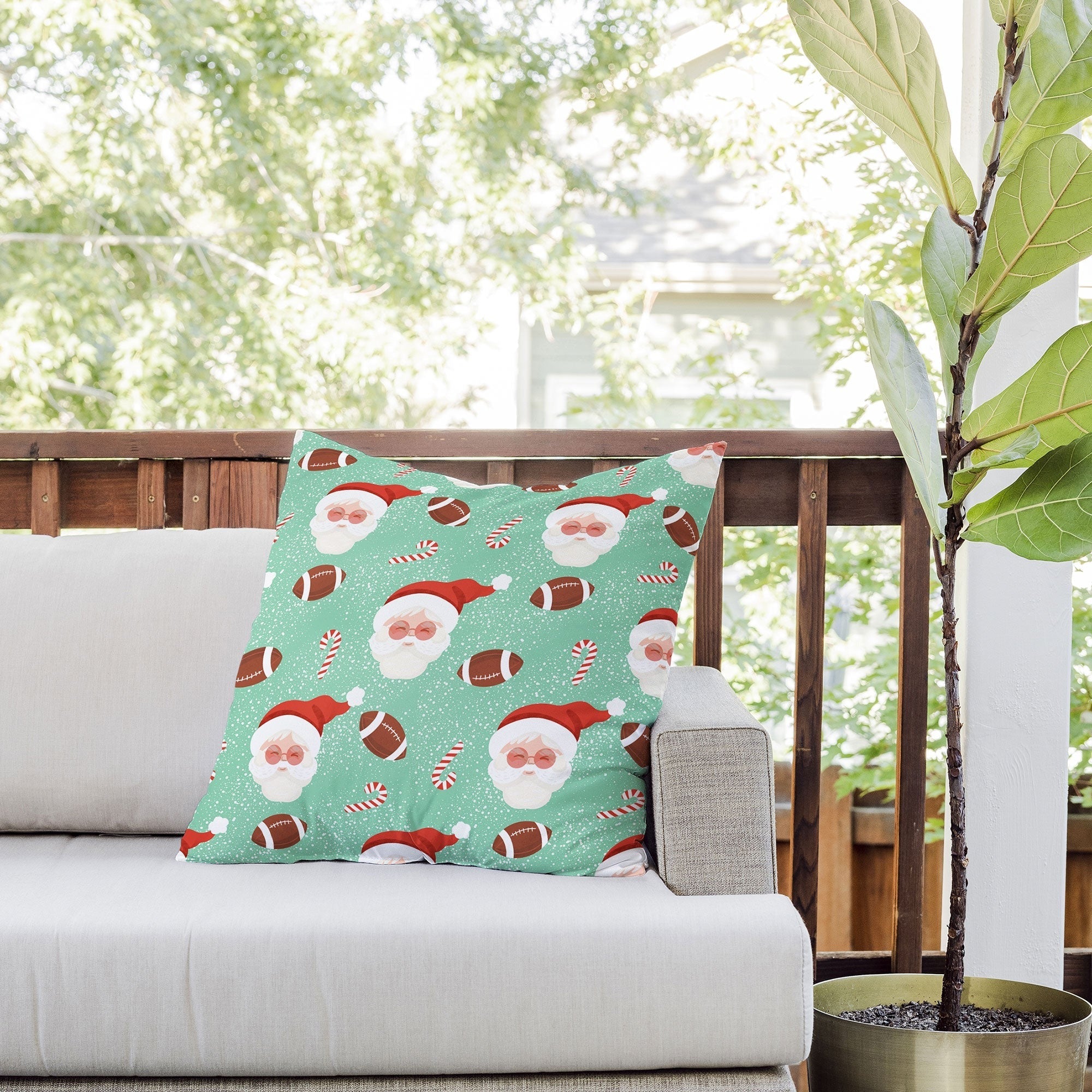Design by Spark Sporty Football Santa Holiday Outdoor Throw Pillow