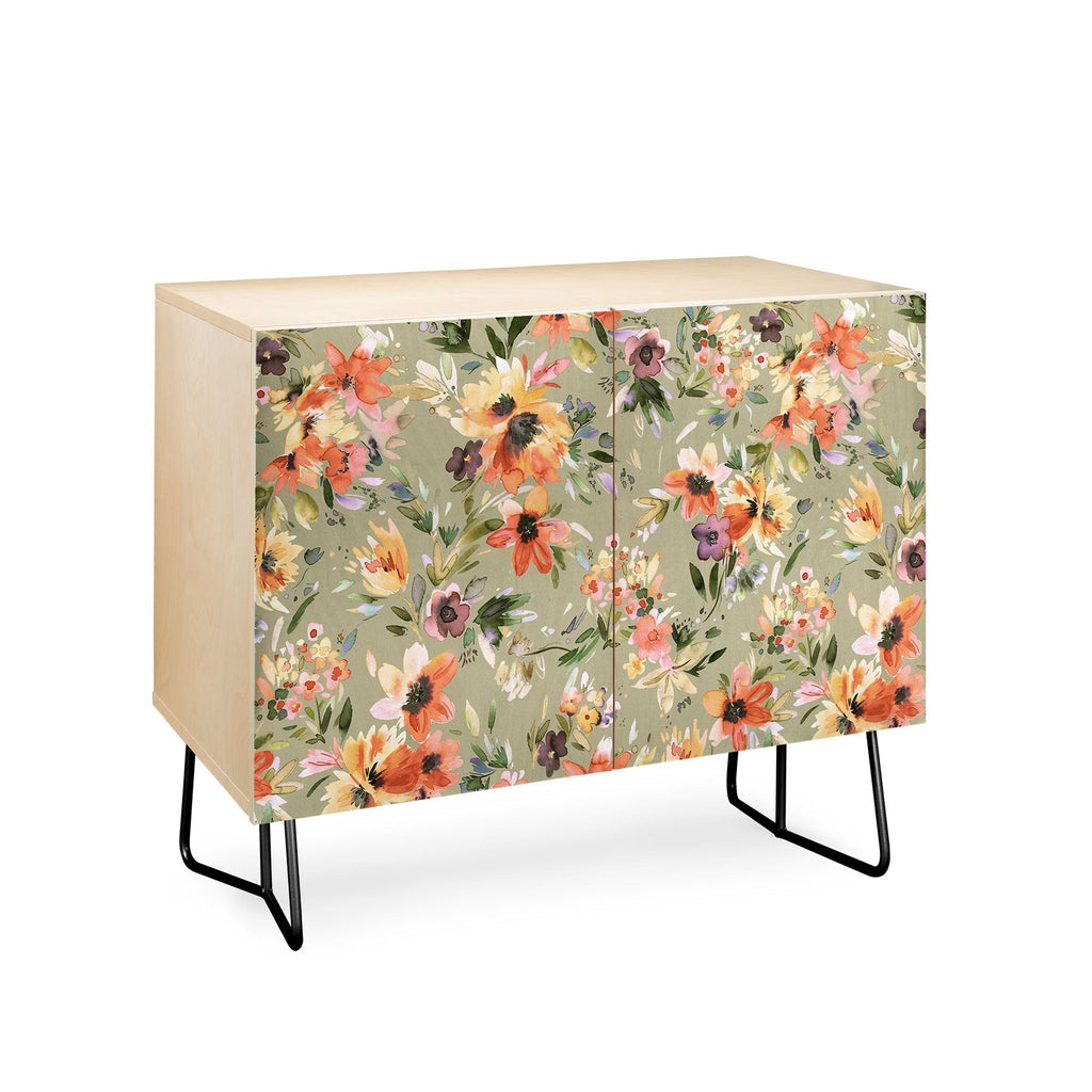 Ninola Design Botanic Retreat Painterly Tropical Flowers Sage Green Credenza