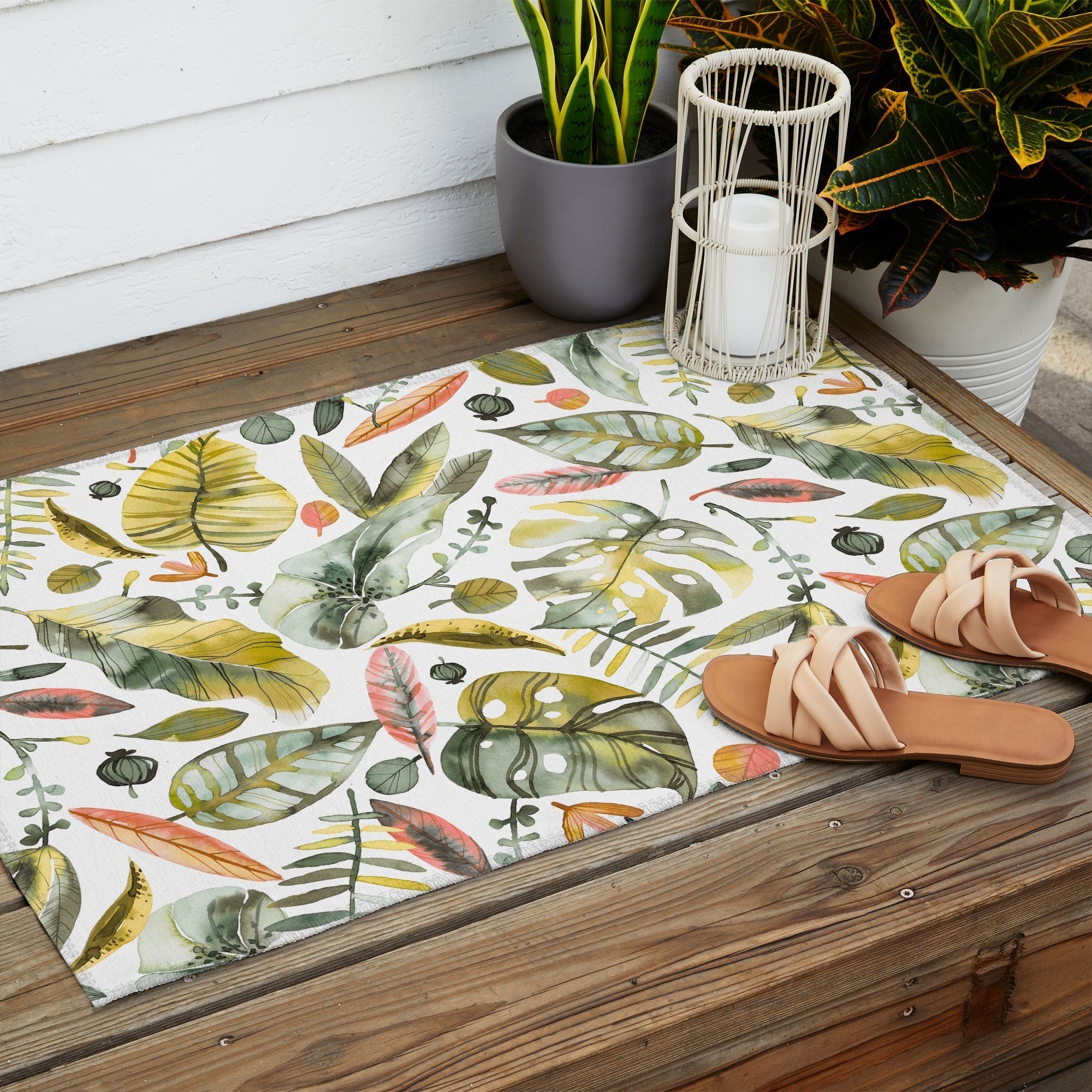 Ninola Design Botanic Retreat Tropical Jungle Leaves Botanical Green Orange Outdoor Rug