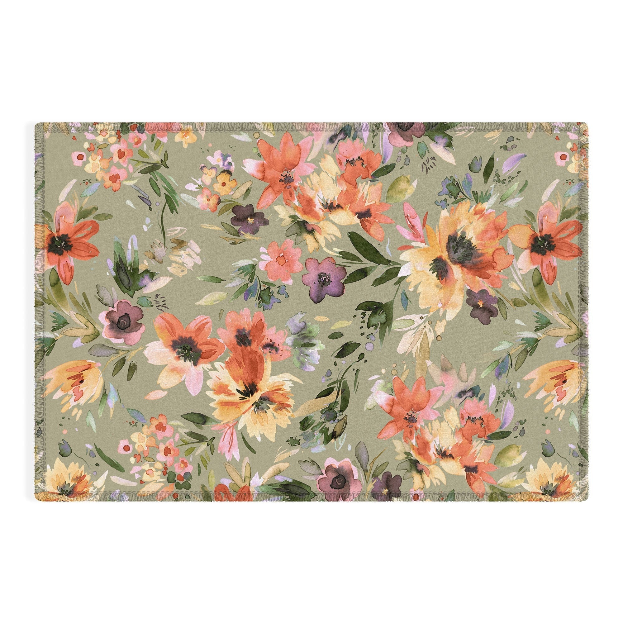 Ninola Design Botanic Retreat Painterly Tropical Flowers Sage Green Outdoor Rug