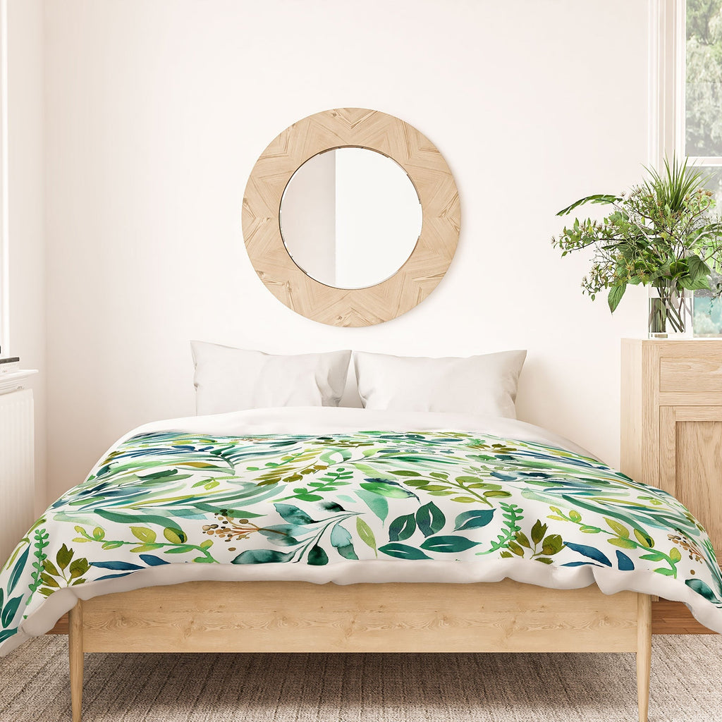 Ninola Design Botanic Retreat Loose Botanical Leaves Watercolor Green Duvet Cover