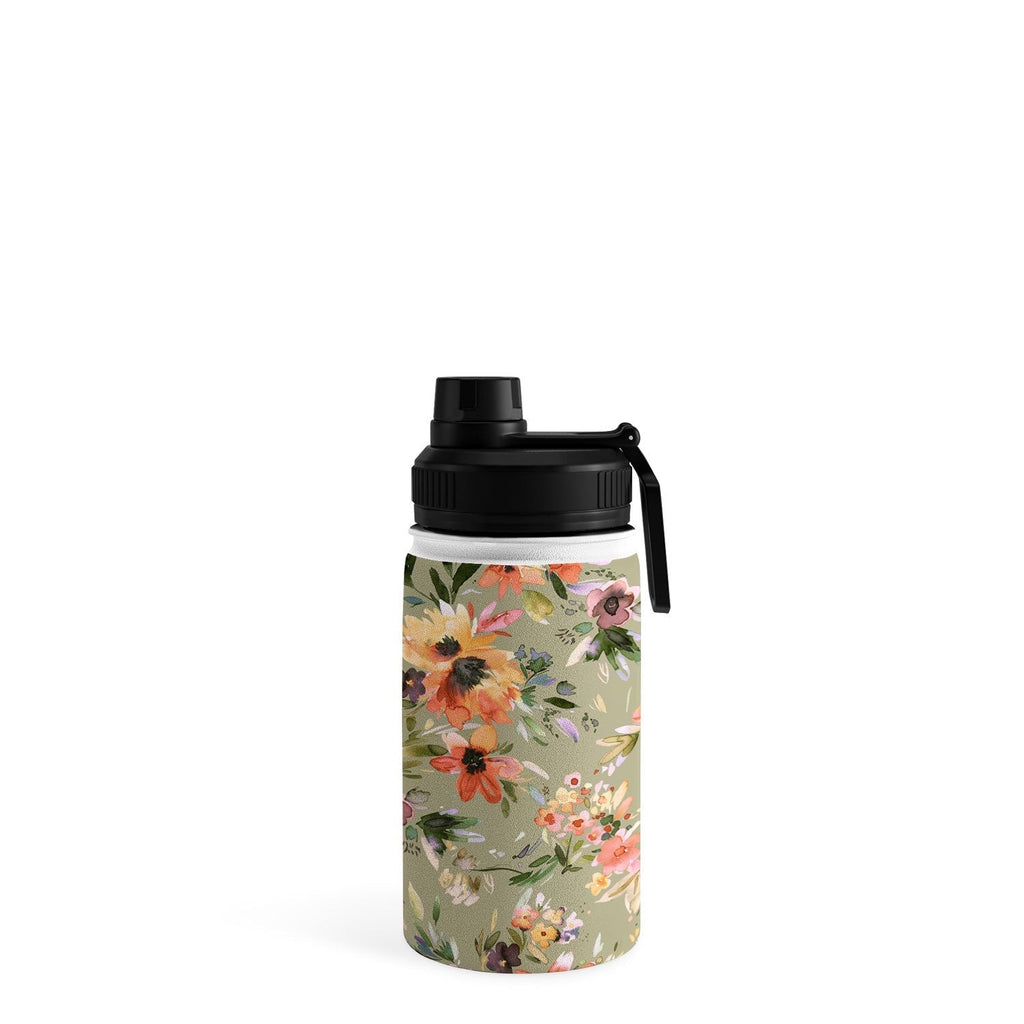 Ninola Design Botanic Retreat Painterly Tropical Flowers Sage Green Water Bottle