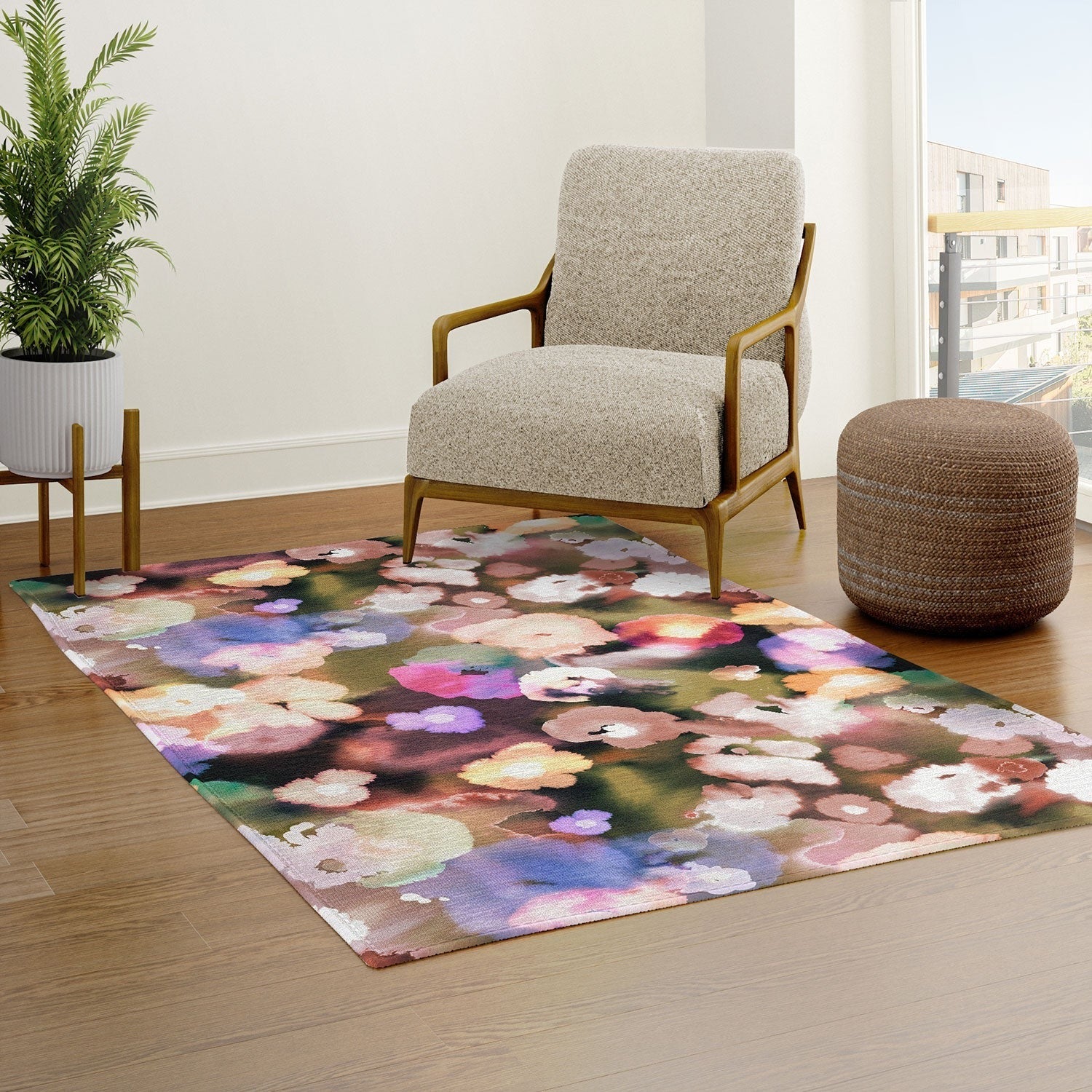 Ninola Design Botanic Retreat Ombre Abstract Watercolor Flowers Pink gold Area Rug