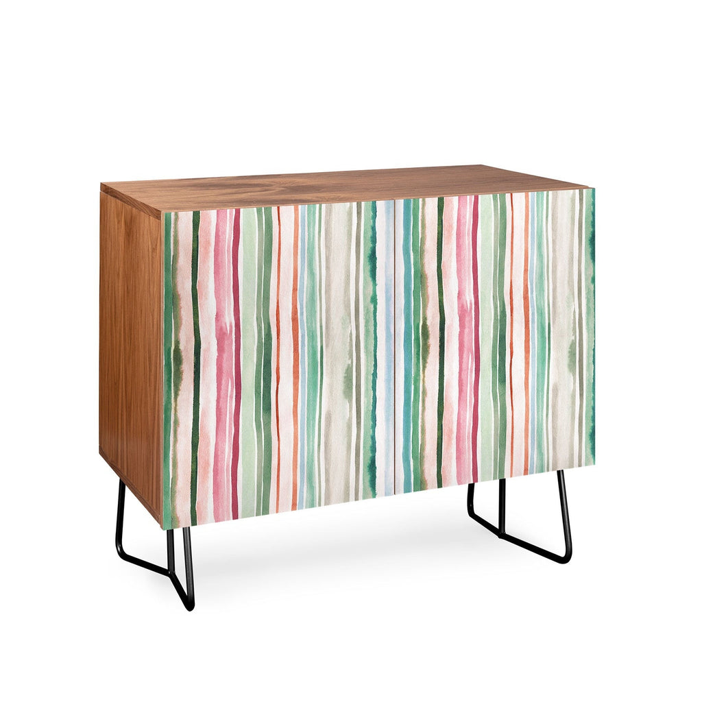 Ninola Design Botanic Retreat Watercolor Stripes Green Orange Red Credenza