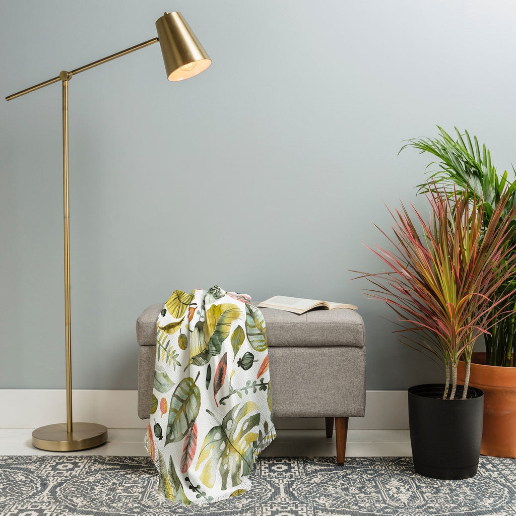 Ninola Design Botanic Retreat Tropical Jungle Leaves Botanical Green Orange Throw Blanket