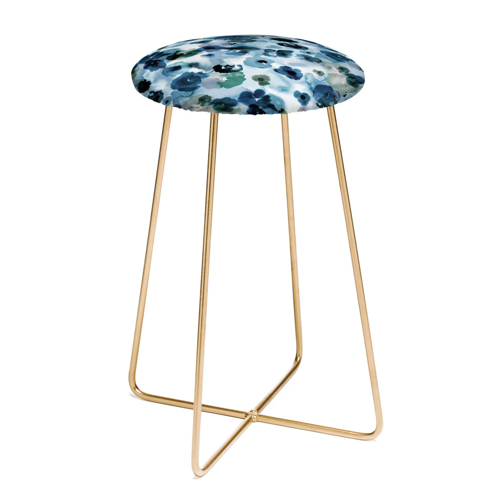 Ninola Design Botanic Retreat Ombre Abstract Watercolor Flowers Blue Navy Counter Stool