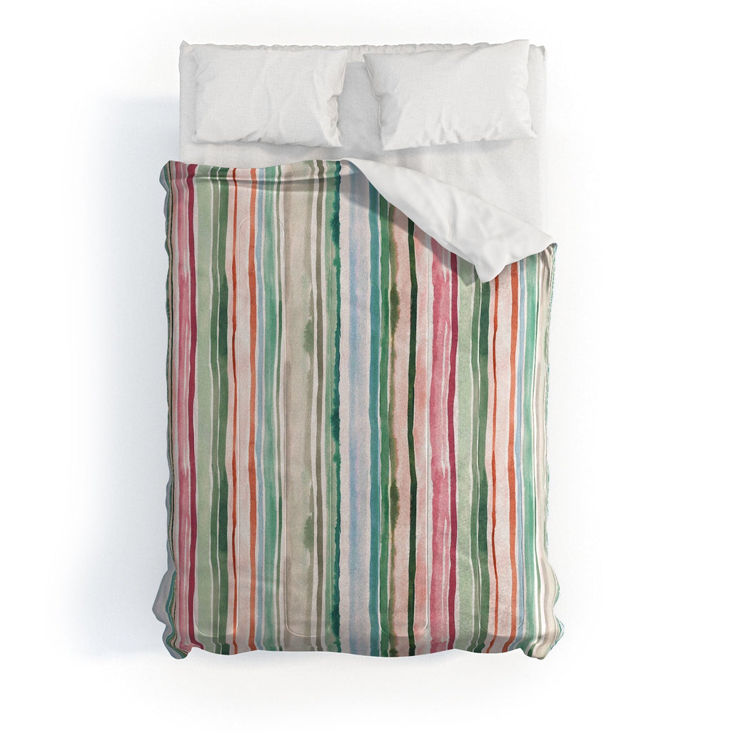 Ninola Design Botanic Retreat Watercolor Stripes Green Orange Red Comforter