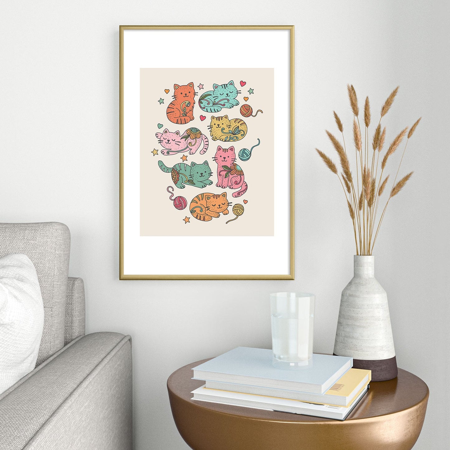 Valentina Ramos Floral Cats and Yarn Metal Framed Art Print
