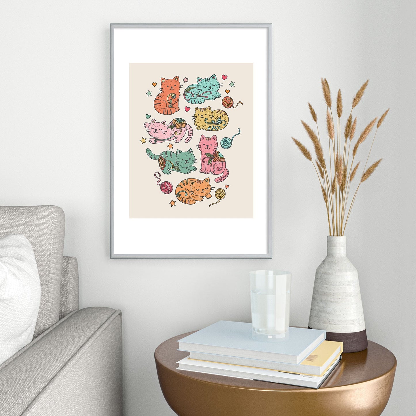 Valentina Ramos Floral Cats and Yarn Metal Framed Art Print