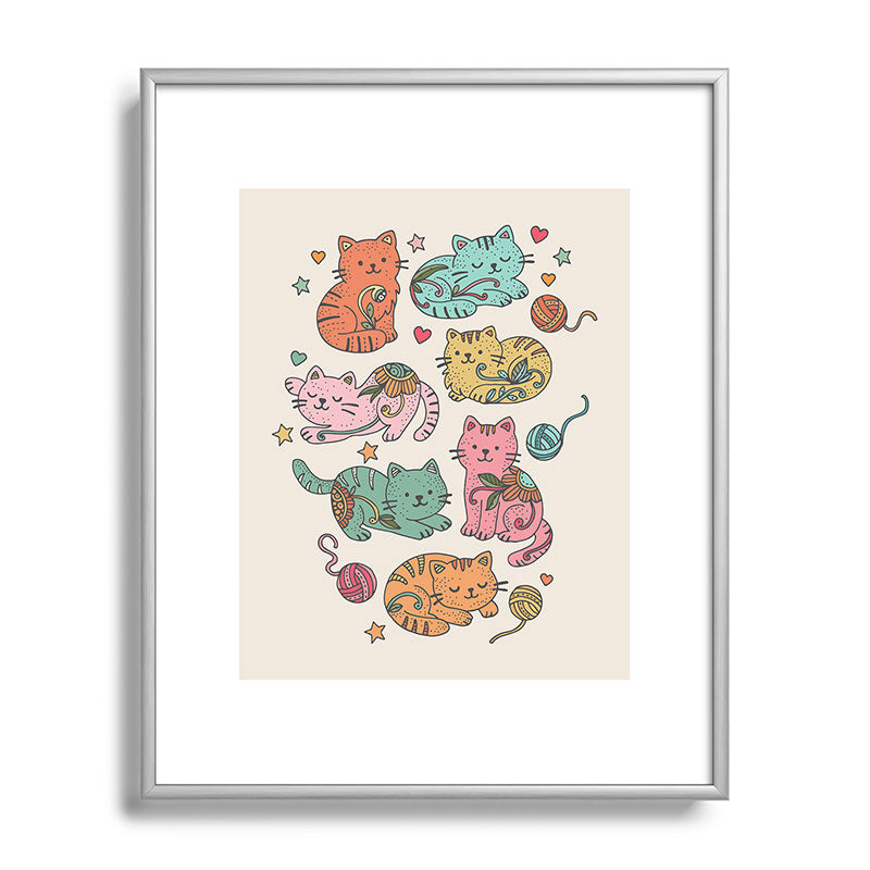 Valentina Ramos Floral Cats and Yarn Metal Framed Art Print