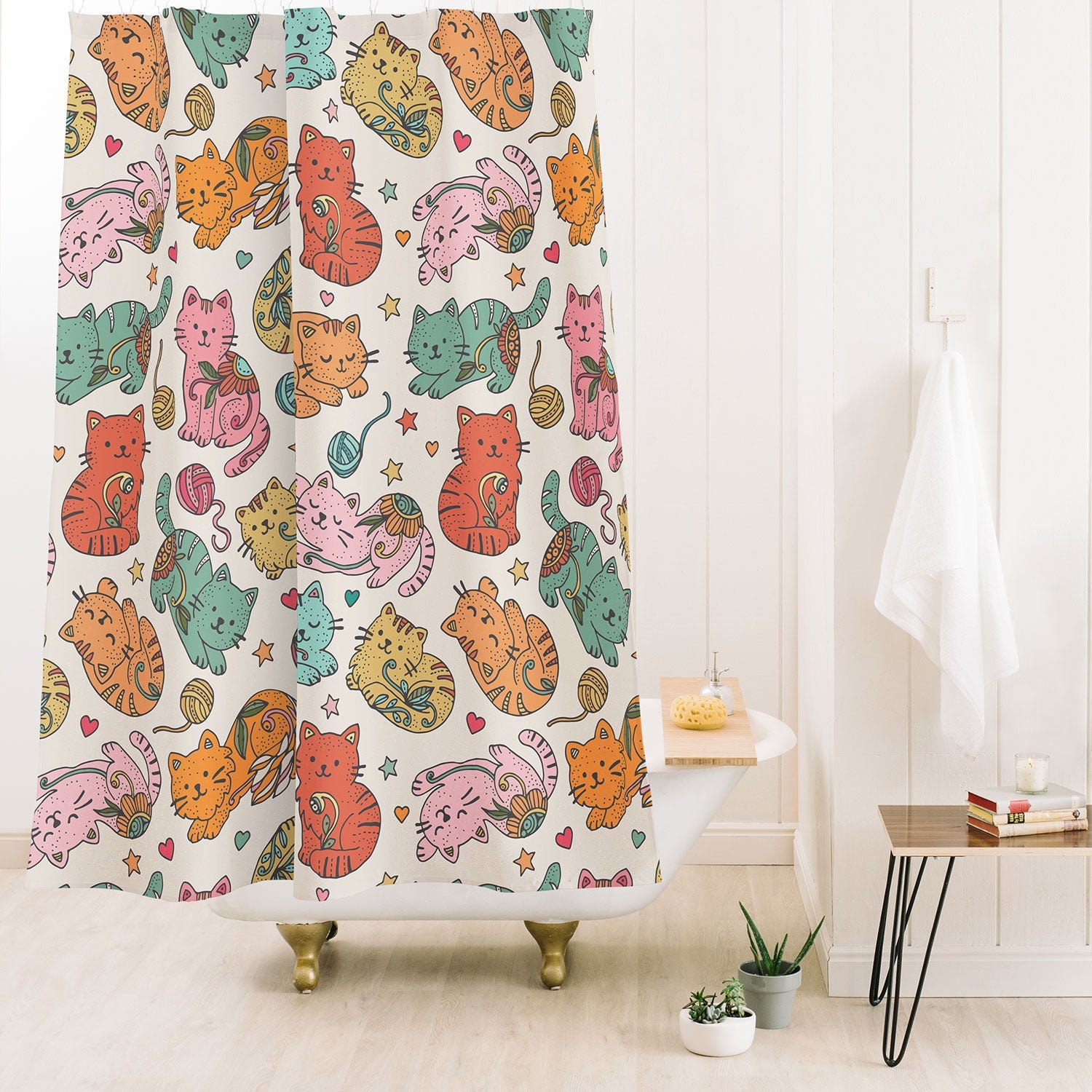 Valentina Ramos Floral Cats and Yarn Shower Curtain