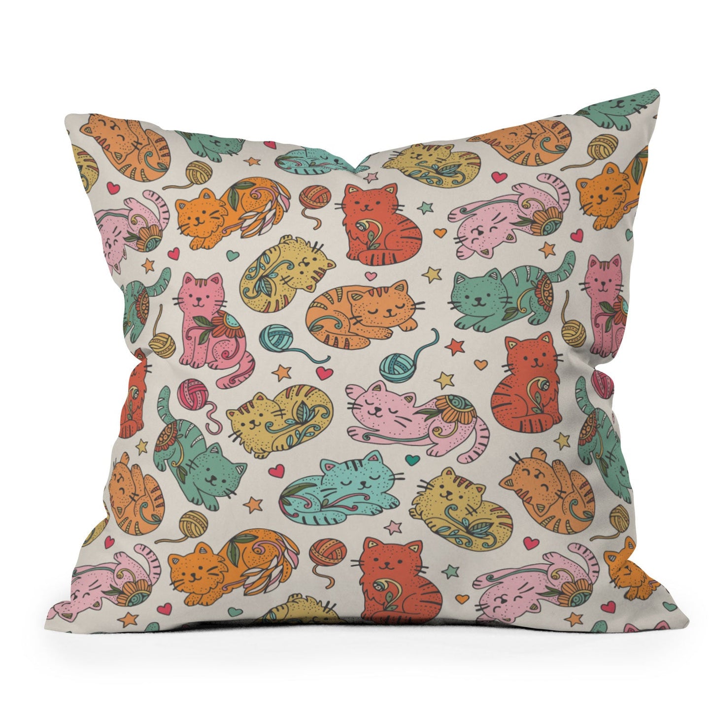 Valentina Ramos Floral Cats and Yarn Throw Pillow
