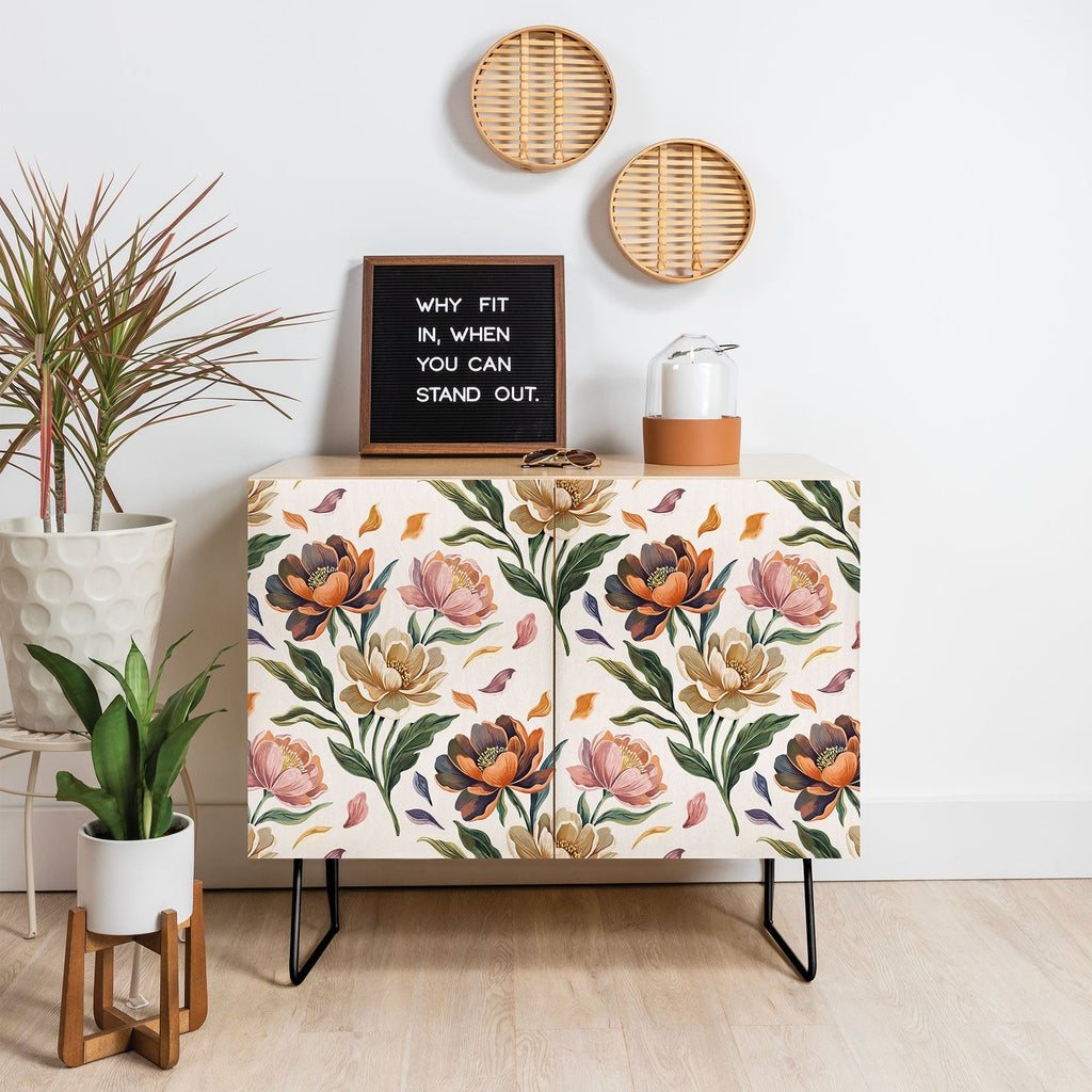 Marta Barragan Camarasa Hand Painted Peony Florals Credenza