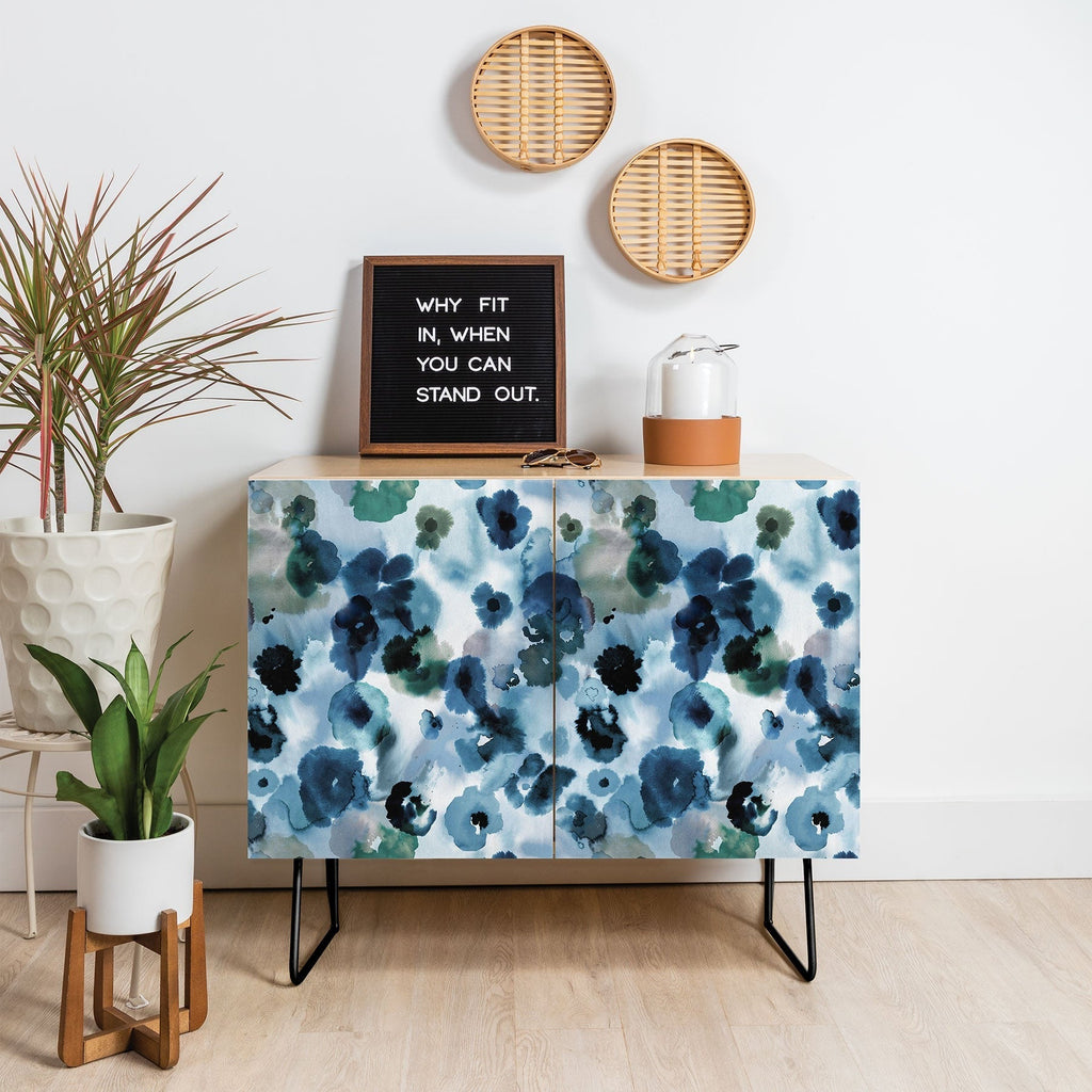 Ninola Design Botanic Retreat Ombre Abstract Watercolor Flowers Blue Navy Credenza