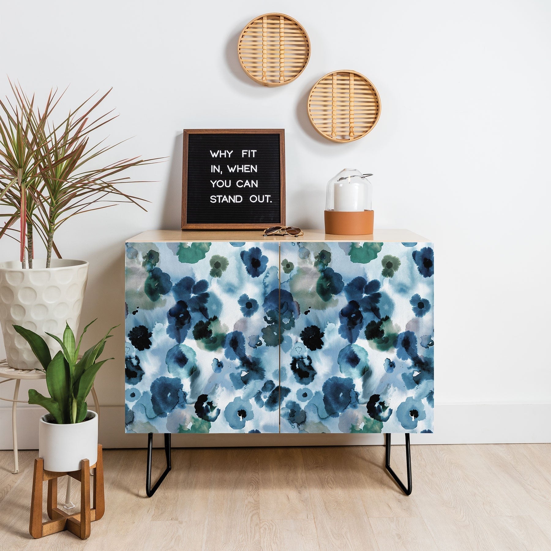 Ninola Design Botanic Retreat Ombre Abstract Watercolor Flowers Blue Navy Credenza