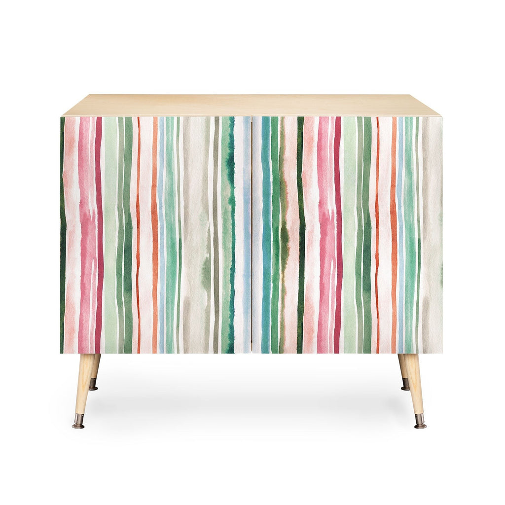 Ninola Design Botanic Retreat Watercolor Stripes Green Orange Red Credenza